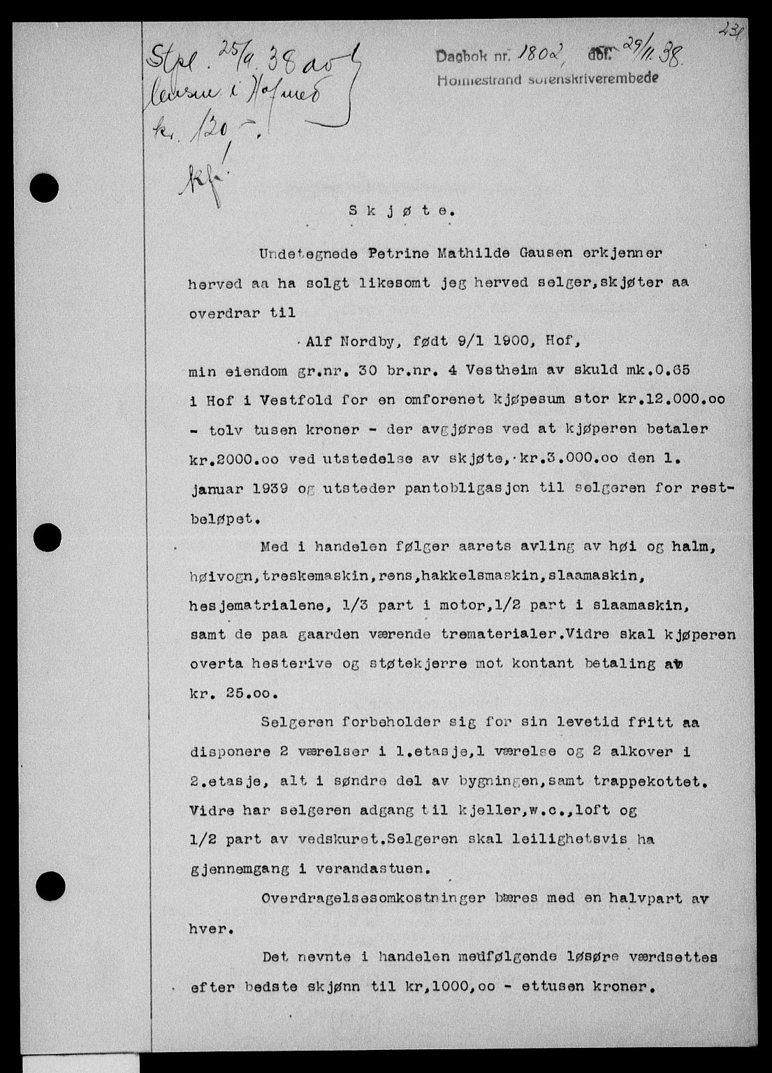 Holmestrand sorenskriveri, SAKO/A-67/G/Ga/Gaa/L0050: Pantebok nr. A-50, 1938-1939, Dagboknr: 1802/1938
