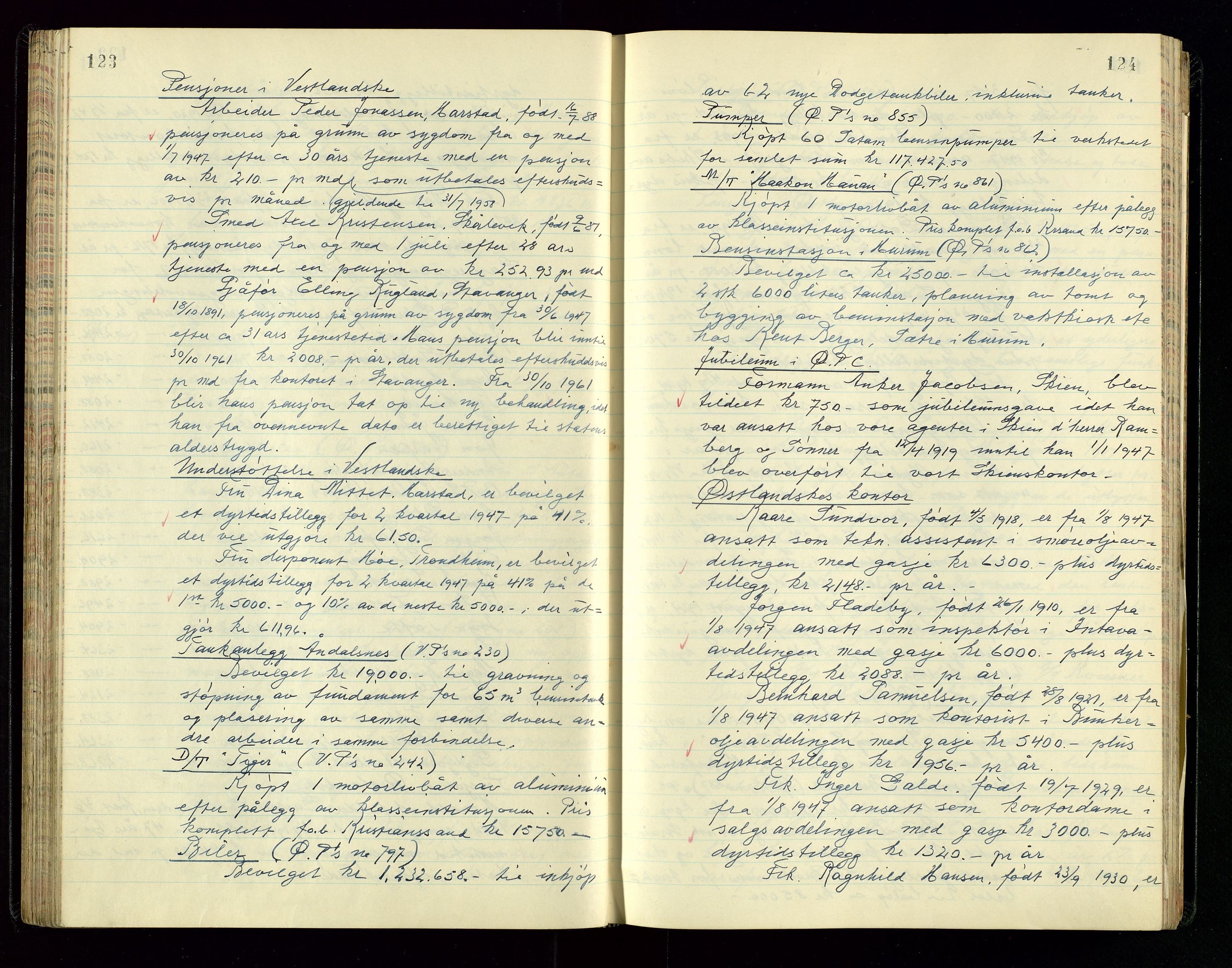 PA 1534 - Østlandske Petroleumscompagni A/S, AV/SAST-A-101954/A/Aa/L0005/0001: Direksjonsprotokoller / Den Administrerende Direksjon alle selskaper (referatprotokoll), 1943-1958, s. 123-124