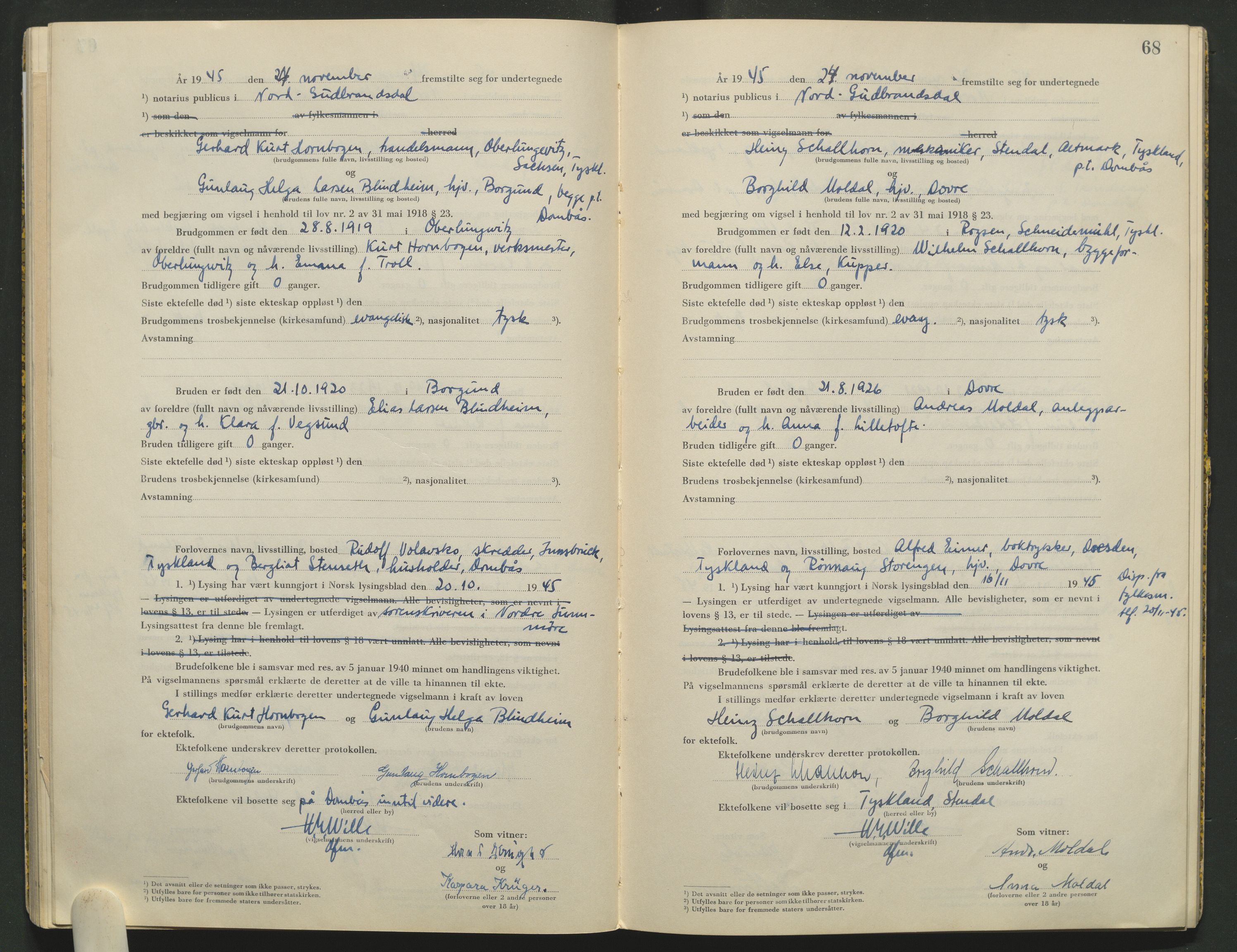 Nord-Gudbrandsdal tingrett, AV/SAH-TING-002/L/Lc/L0001/0003: Vigselsprotokoller / Vigselsprotokoll, 1943-1959, s. 68