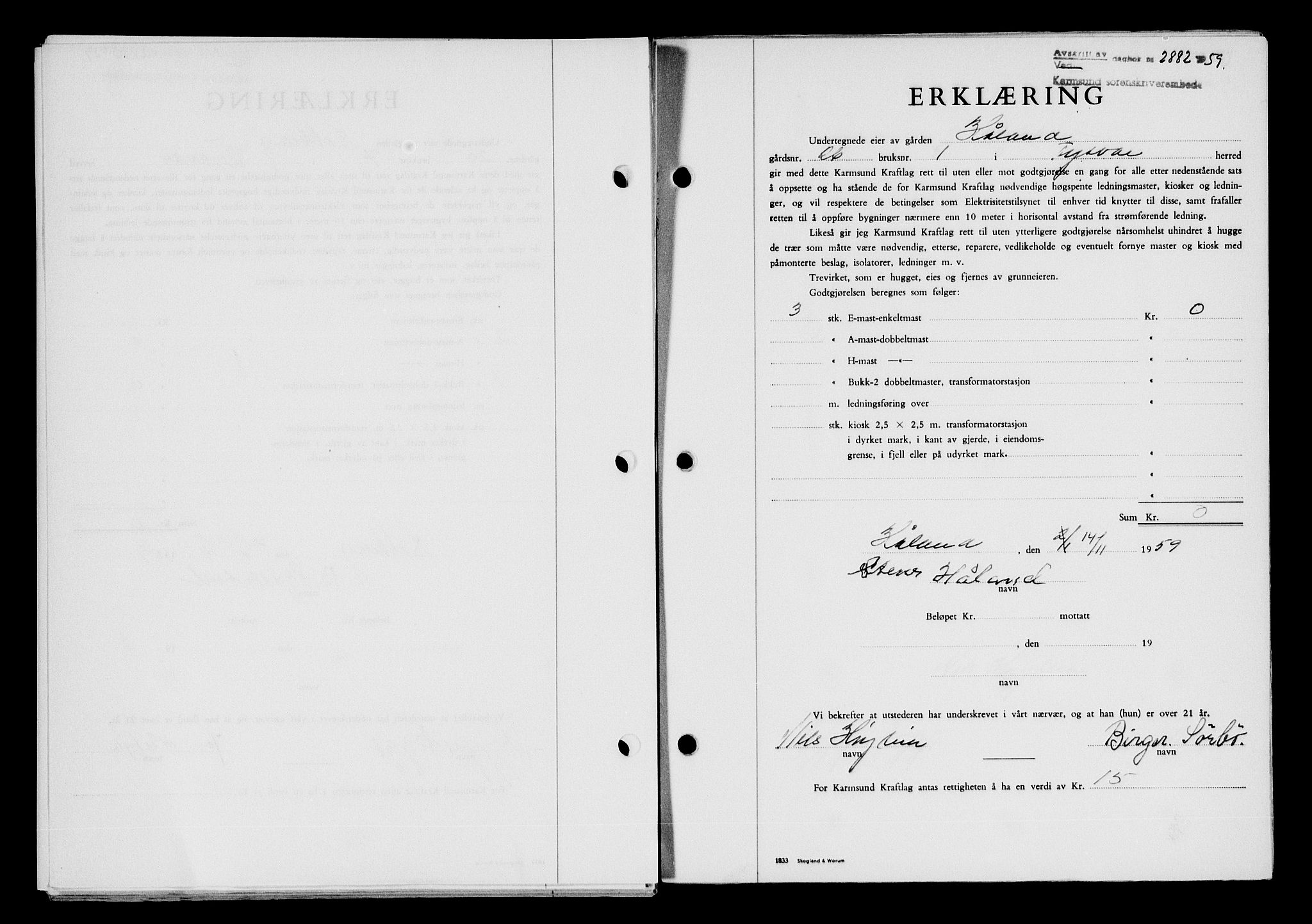 Karmsund sorenskriveri, SAST/A-100311/01/II/IIB/L0132: Pantebok nr. 112A, 1959-1959, Dagboknr: 2881/1959