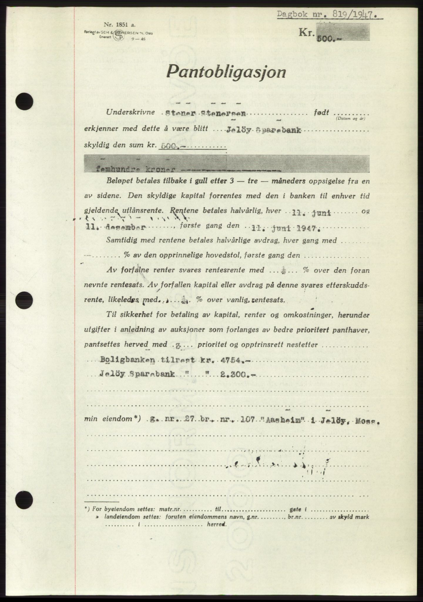 Moss sorenskriveri, SAO/A-10168: Pantebok nr. B17, 1947-1947, Dagboknr: 819/1947