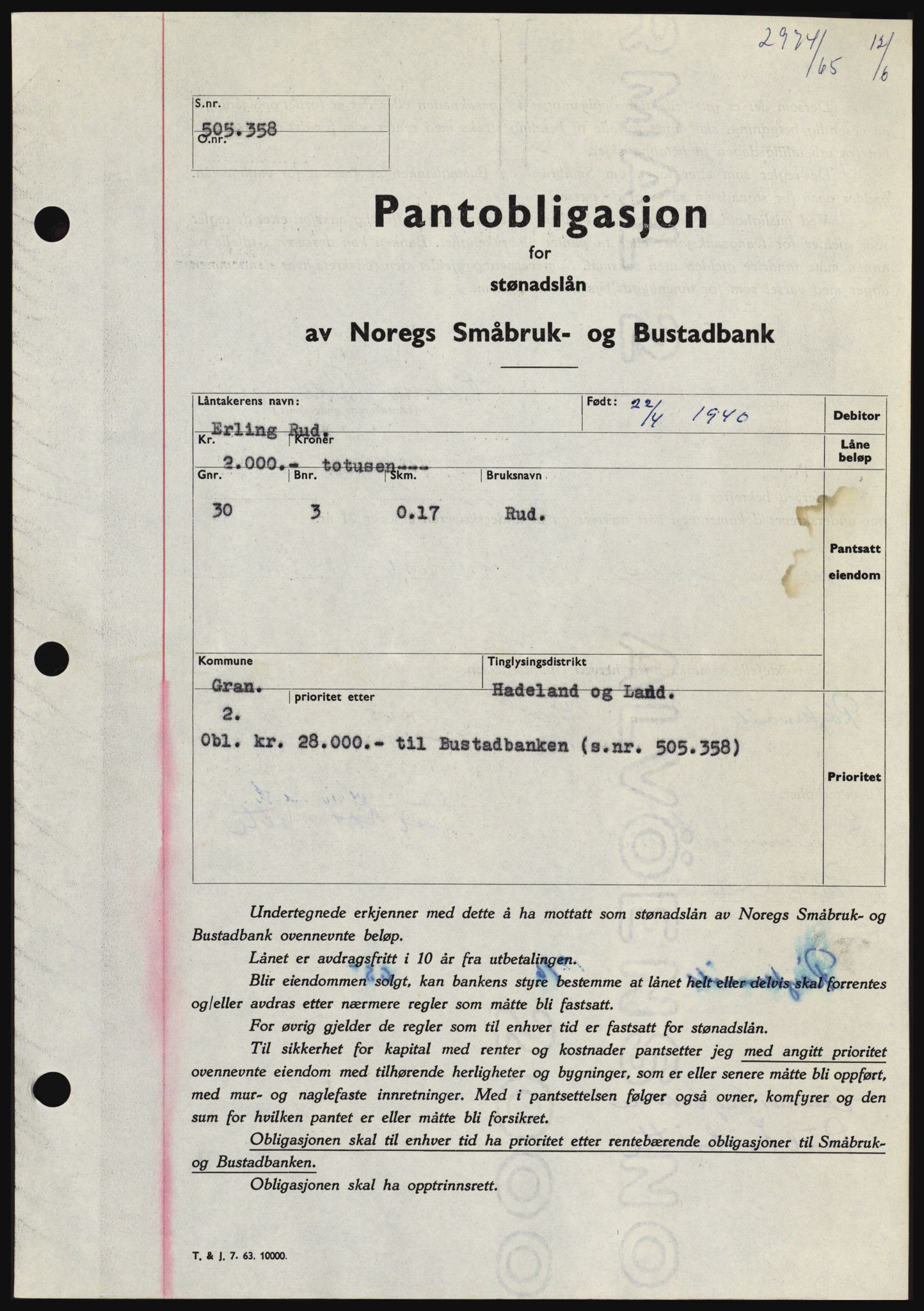 Hadeland og Land tingrett, SAH/TING-010/H/Hb/Hbc/L0059: Pantebok nr. B59, 1965-1965, Dagboknr: 2974/1965