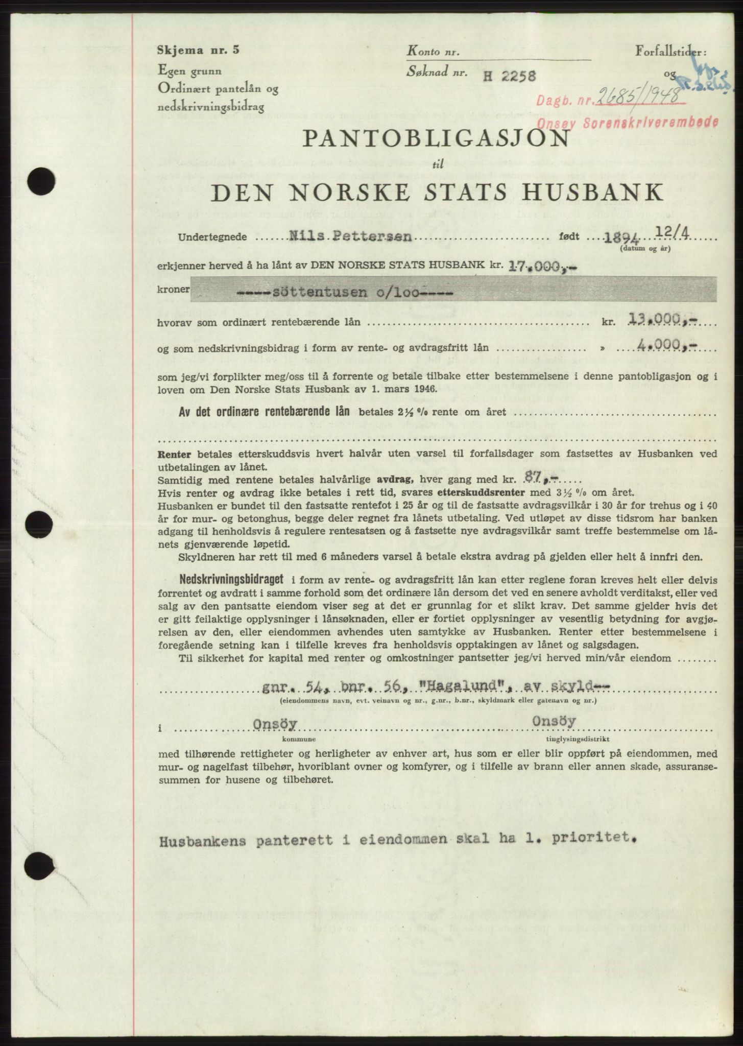 Onsøy sorenskriveri, SAO/A-10474/G/Ga/Gac/L0007: Pantebok nr. B 14-7, 1948-1948, Dagboknr: 2685/1948