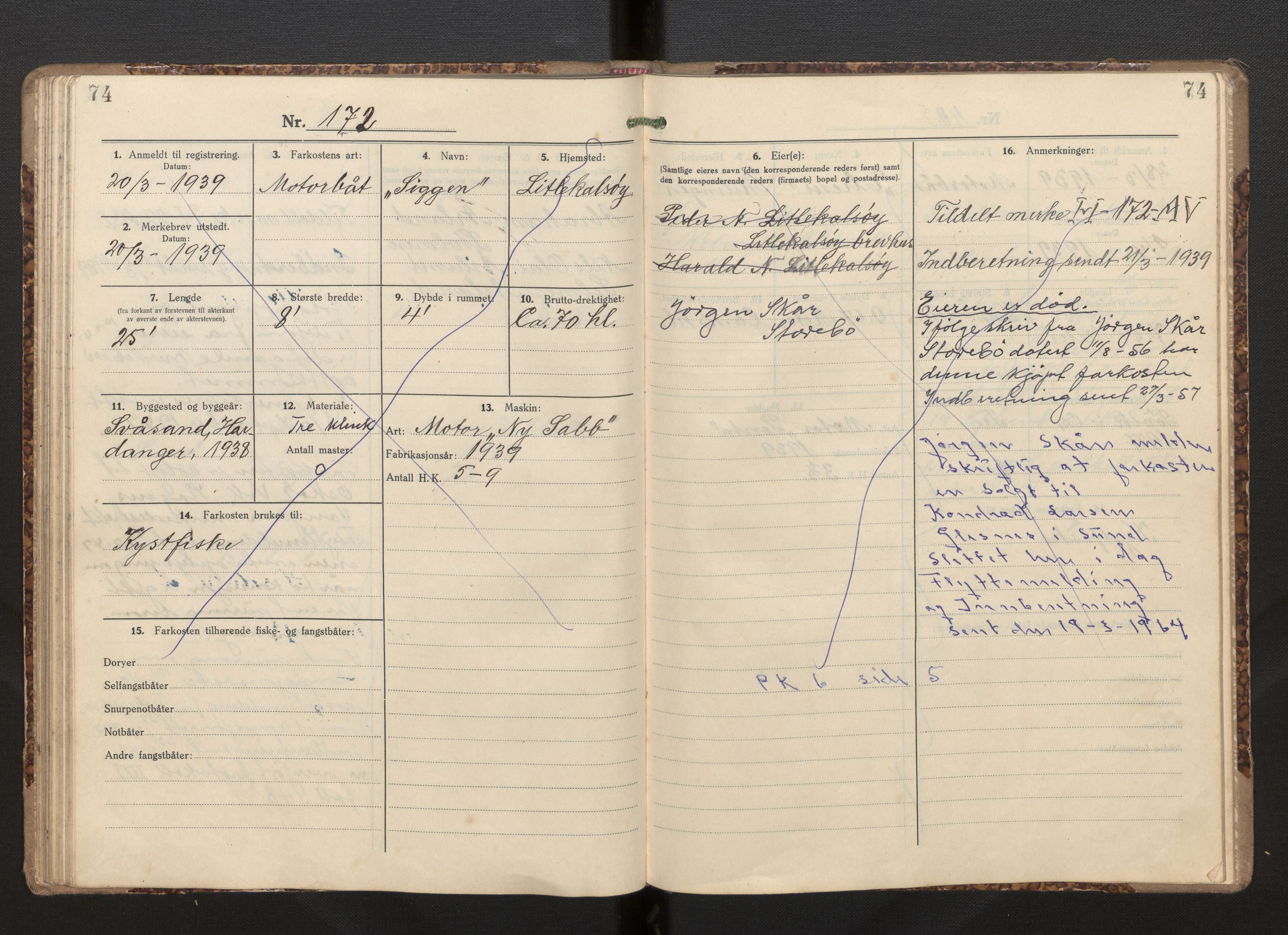 Fiskeridirektoratet - 1 Adm. ledelse - 13 Båtkontoret, AV/SAB-A-2003/I/Ia/Iah/L0008: 135.0804/2 Merkeprotokoll - Austevoll, 1934-1940