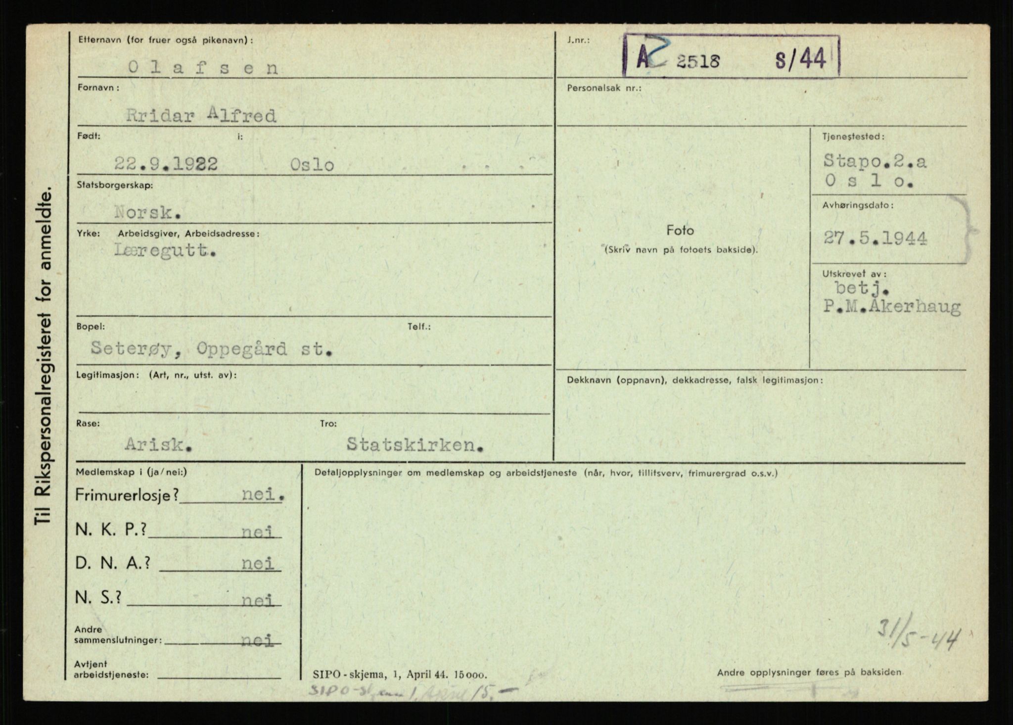 Statspolitiet - Hovedkontoret / Osloavdelingen, AV/RA-S-1329/C/Ca/L0012: Oanæs - Quistgaard	, 1943-1945, s. 199