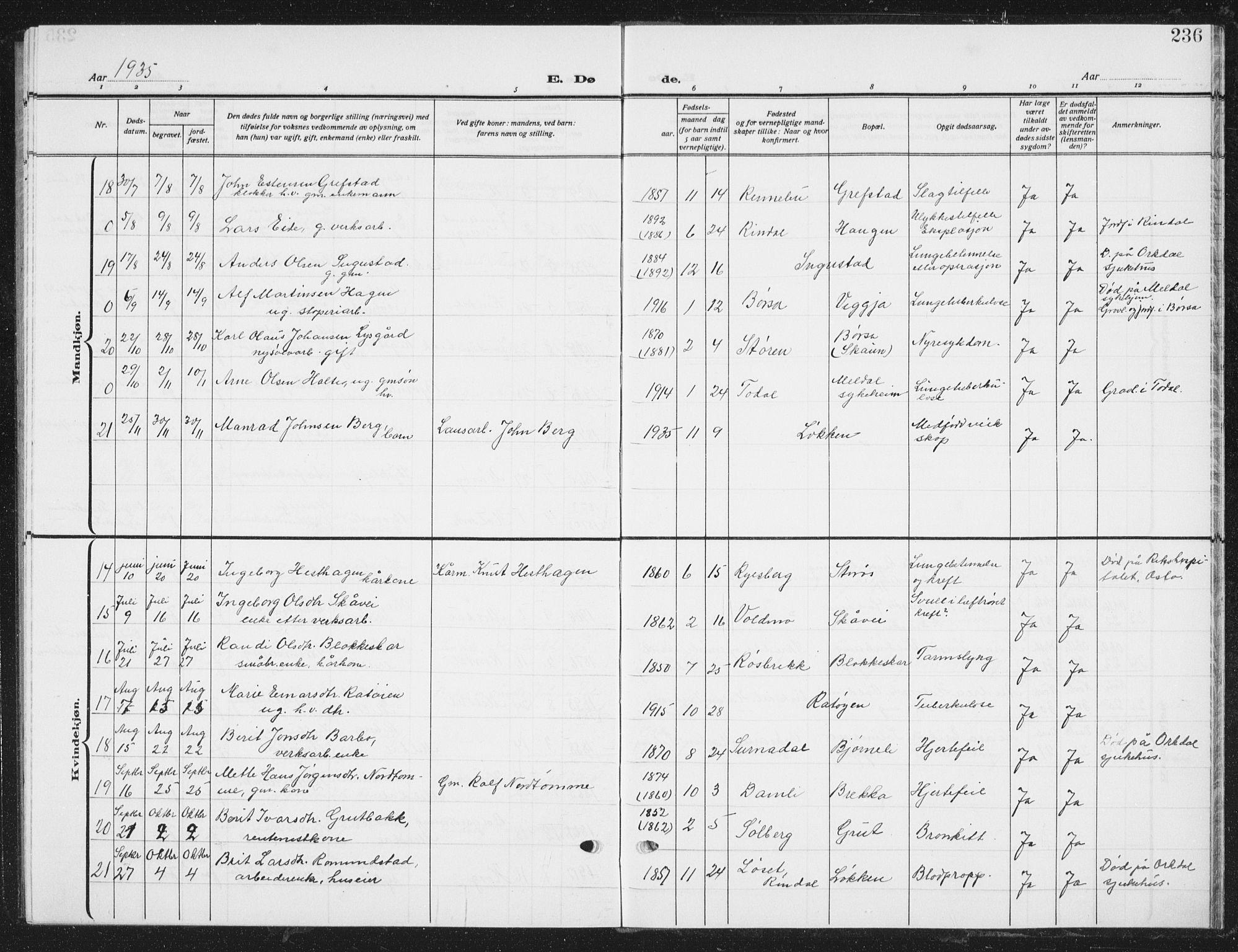 Ministerialprotokoller, klokkerbøker og fødselsregistre - Sør-Trøndelag, AV/SAT-A-1456/672/L0866: Klokkerbok nr. 672C05, 1929-1939, s. 236