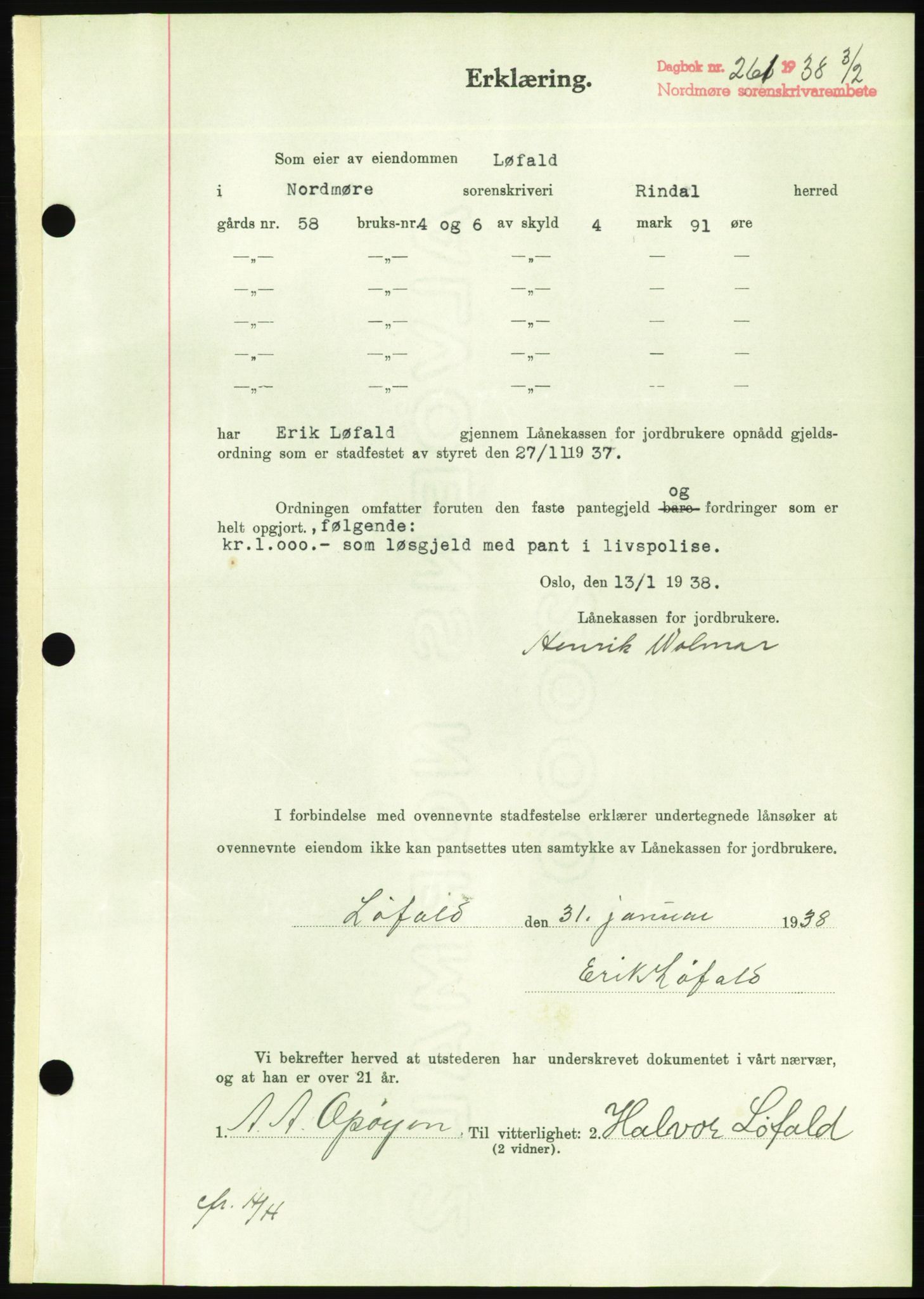 Nordmøre sorenskriveri, AV/SAT-A-4132/1/2/2Ca/L0092: Pantebok nr. B82, 1937-1938, Dagboknr: 261/1938