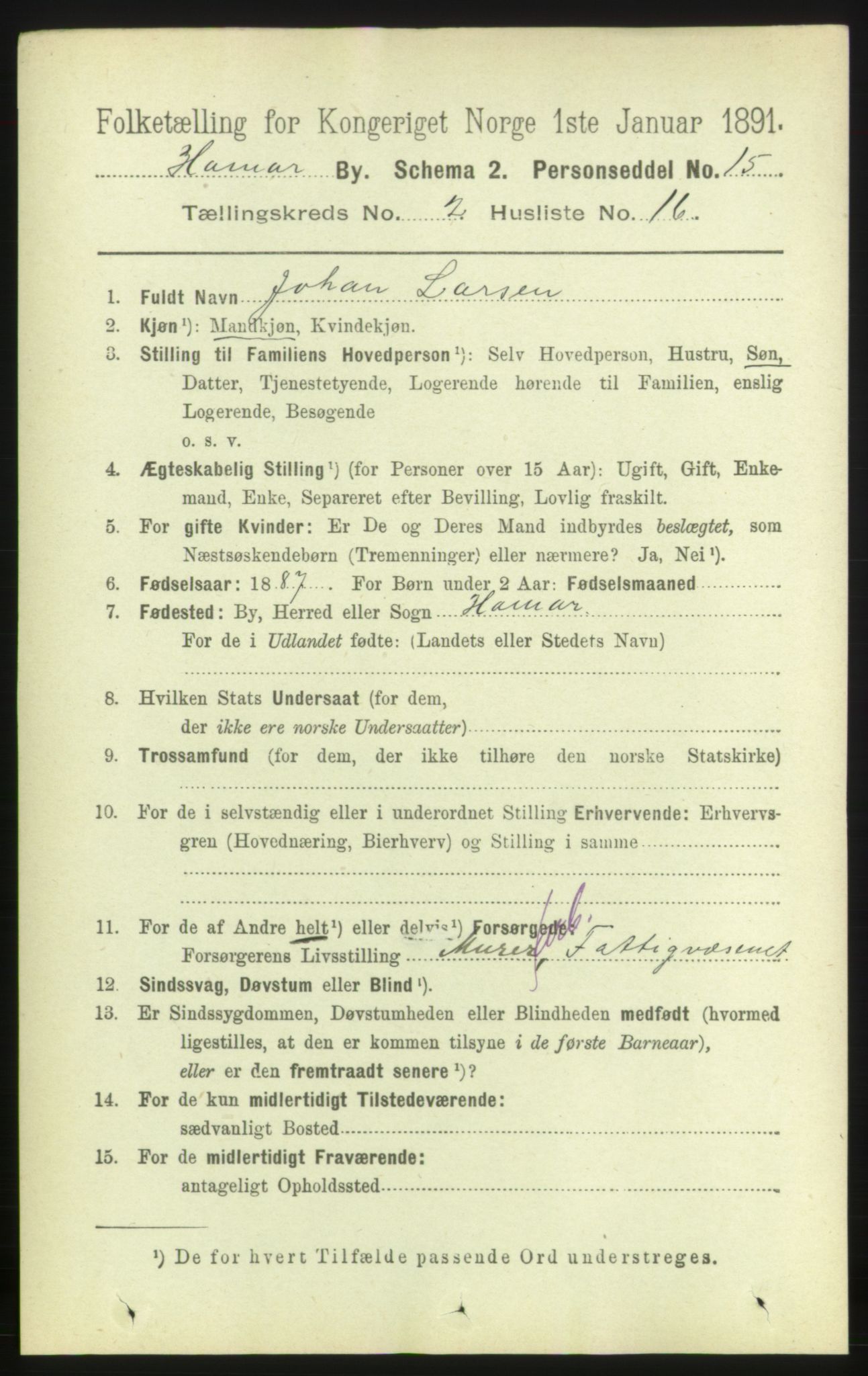 RA, Folketelling 1891 for 0401 Hamar kjøpstad, 1891, s. 1212