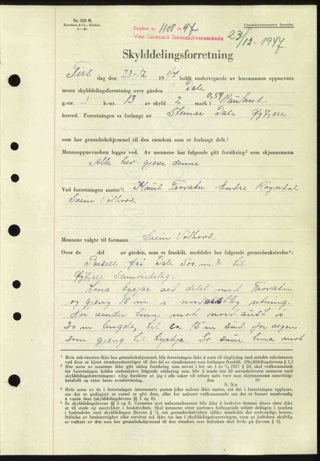 Vest-Telemark sorenskriveri, SAKO/A-134/G/Ga/Gac/L0008: Pantebok nr. A-8, 1947-1948, Dagboknr: 1108/1947