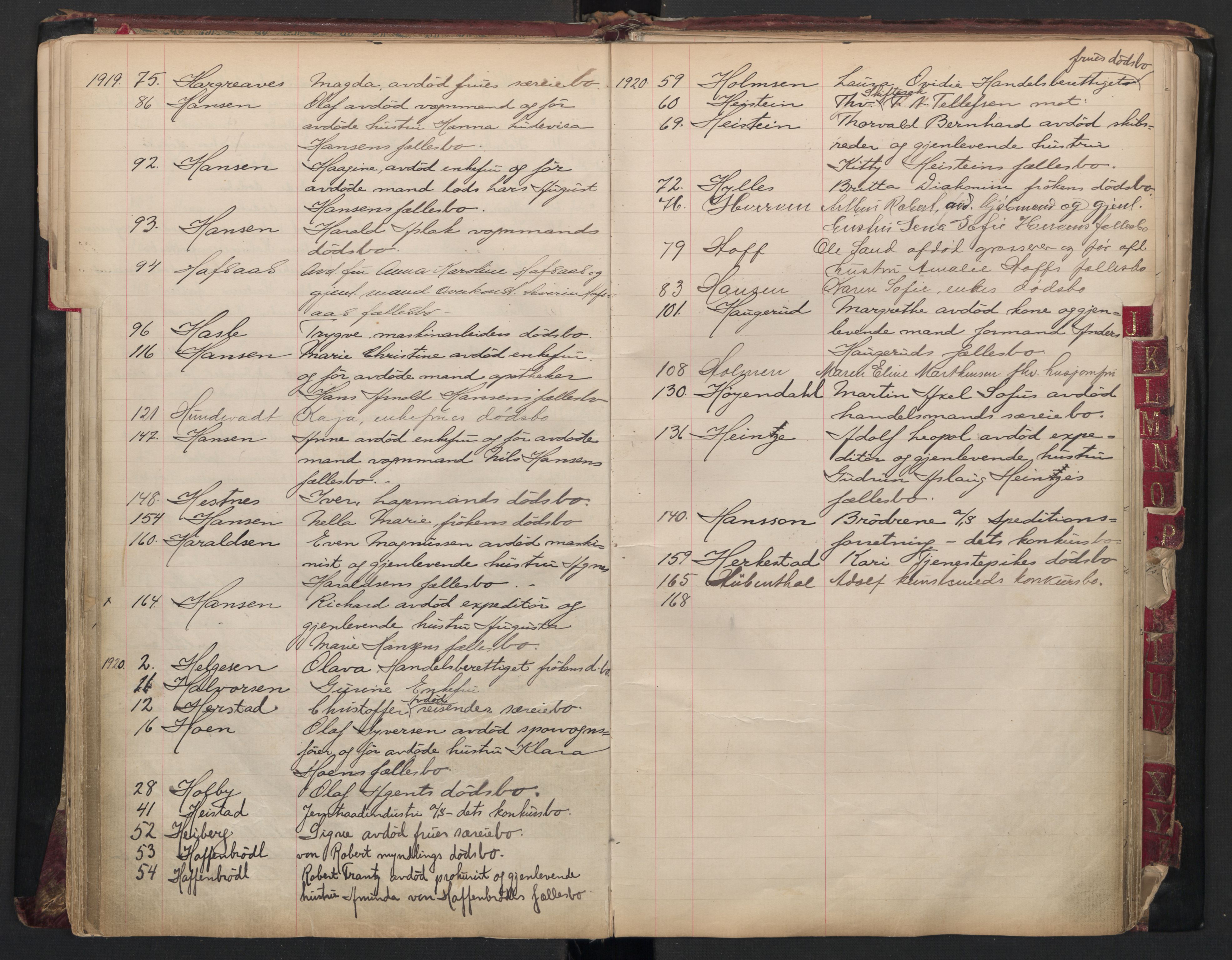 Oslo skifterett, AV/SAO-A-10383/F/Fb/Fba/Fbab/L0002: Navneregister for sluttede bo - avd. I, 1896-1920