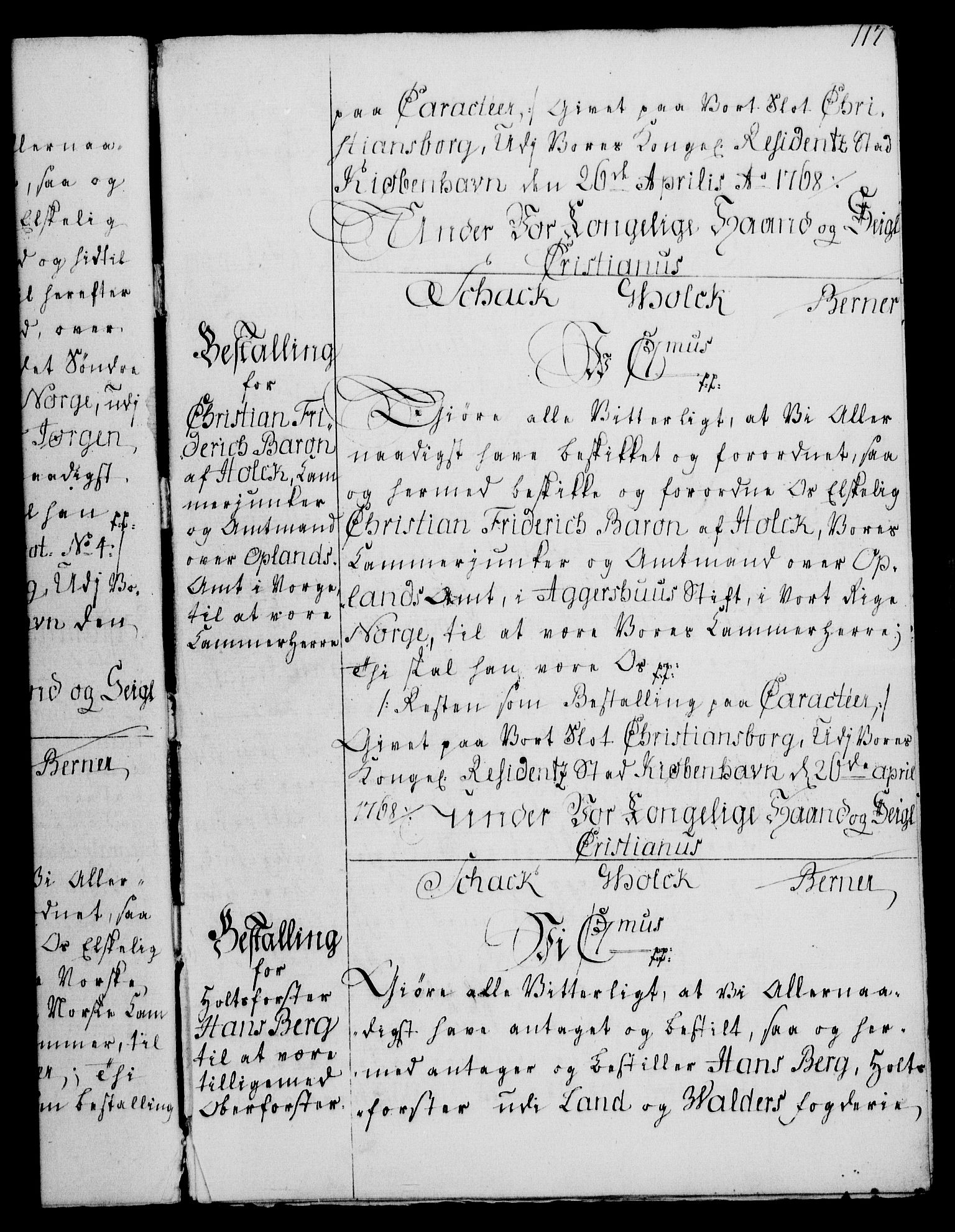 Rentekammeret, Kammerkanselliet, AV/RA-EA-3111/G/Gg/Gge/L0004: Norsk bestallingsprotokoll med register (merket RK 53.28), 1762-1771, s. 117