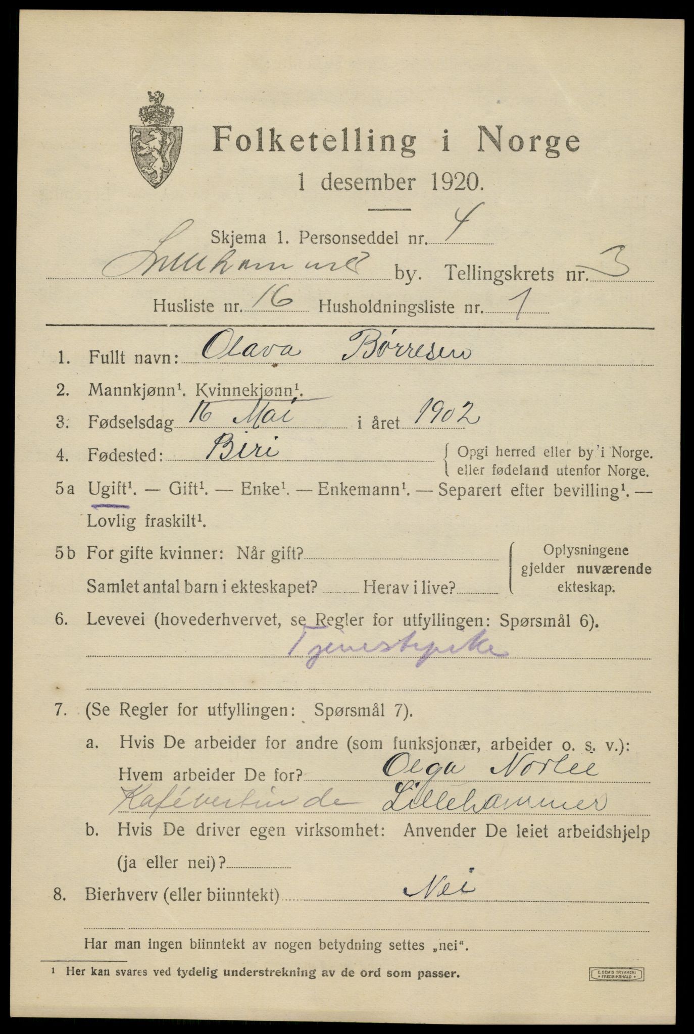 SAH, Folketelling 1920 for 0501 Lillehammer kjøpstad, 1920, s. 5904