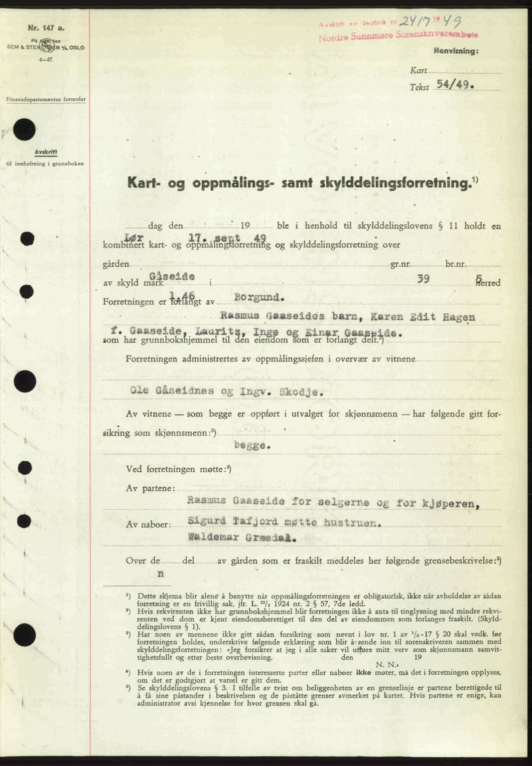 Nordre Sunnmøre sorenskriveri, SAT/A-0006/1/2/2C/2Ca: Pantebok nr. A32, 1949-1949, Dagboknr: 2417/1949