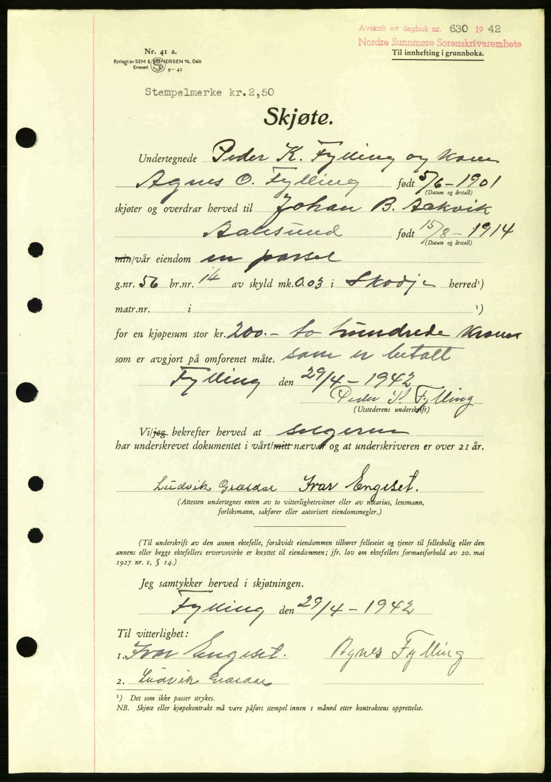 Nordre Sunnmøre sorenskriveri, AV/SAT-A-0006/1/2/2C/2Ca: Pantebok nr. A13, 1942-1942, Dagboknr: 630/1942