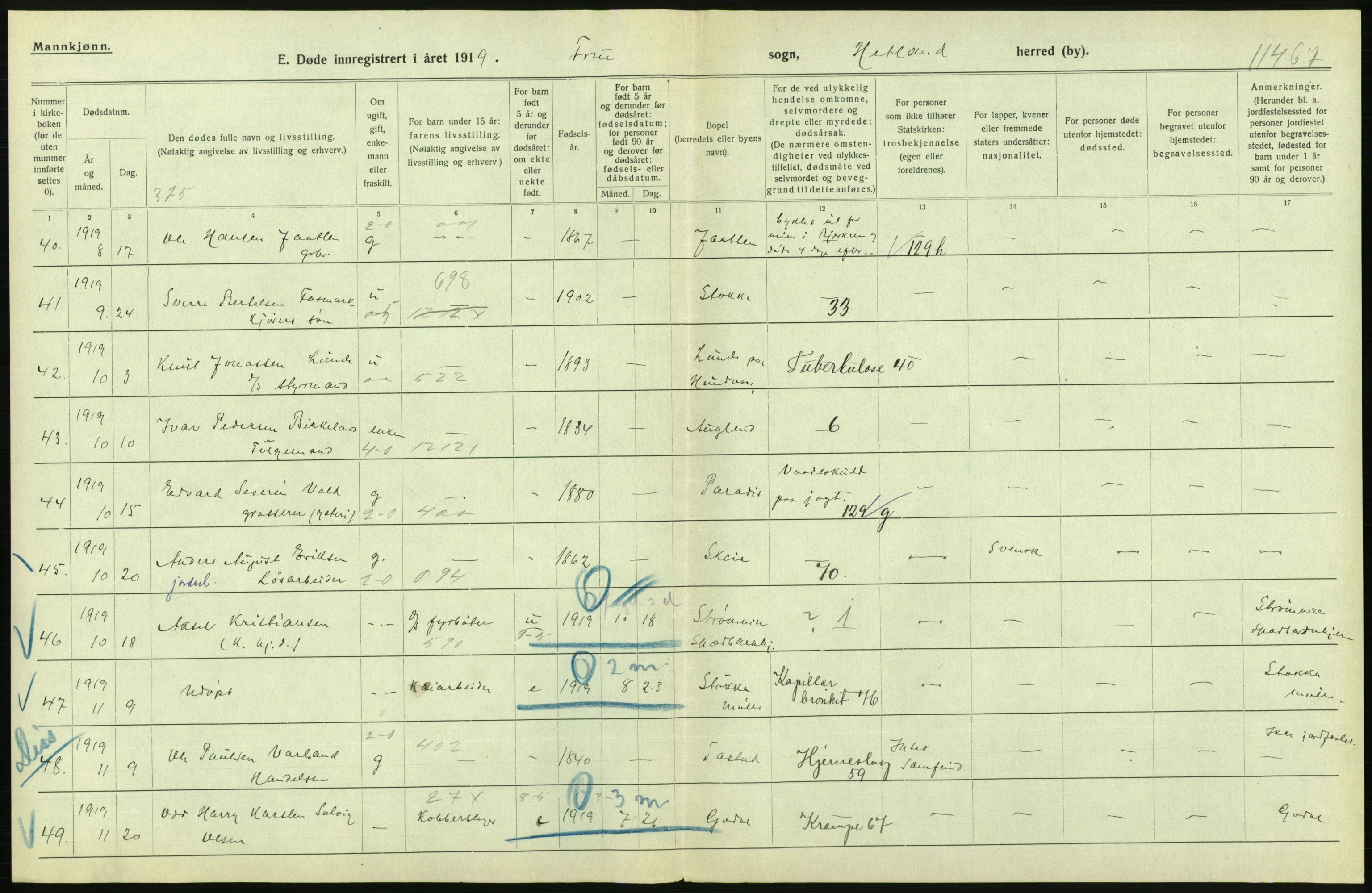 Statistisk sentralbyrå, Sosiodemografiske emner, Befolkning, AV/RA-S-2228/D/Df/Dfb/Dfbi/L0030: Rogaland fylke: Døde. Bygder og byer., 1919, s. 68