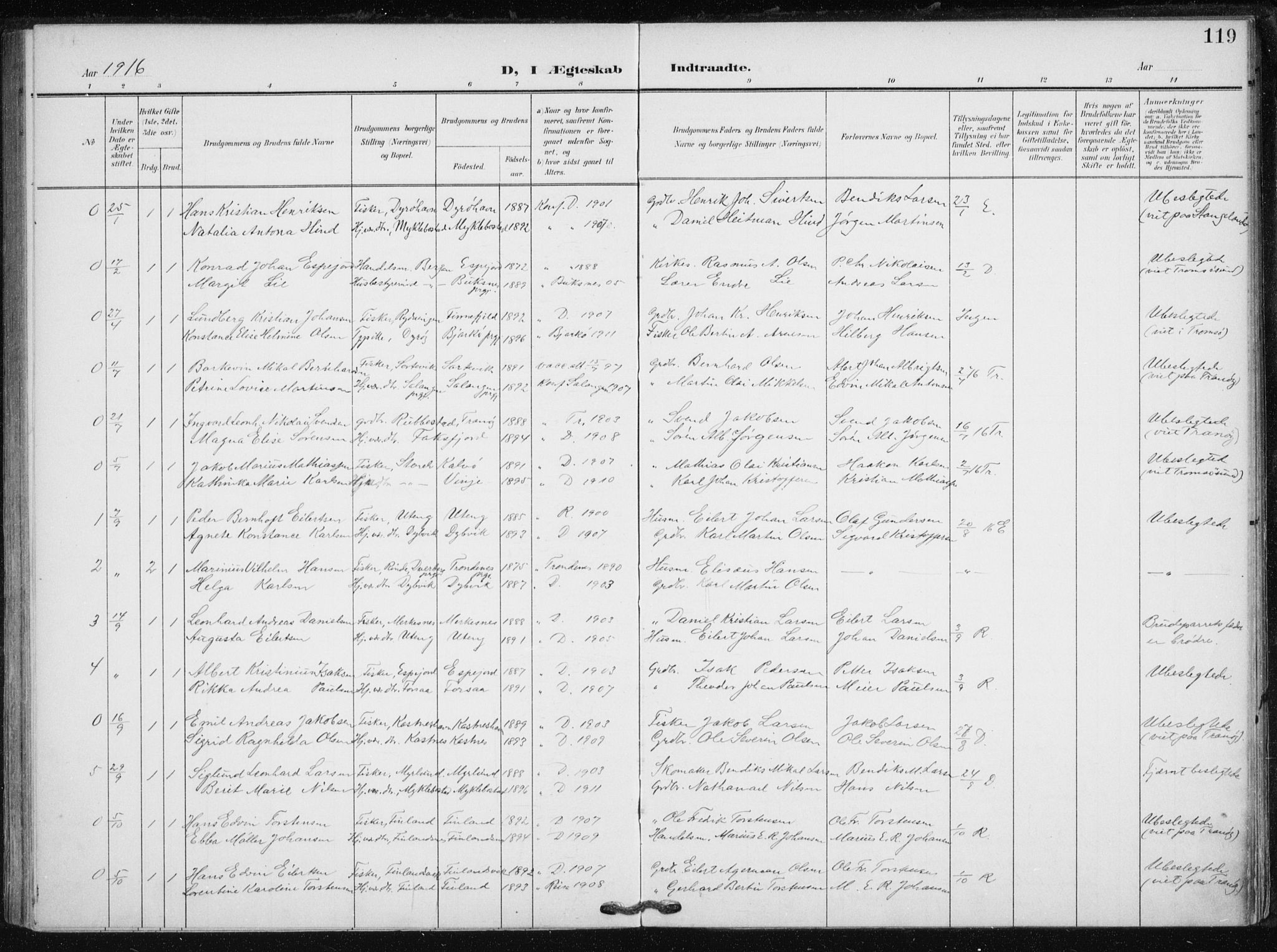 Tranøy sokneprestkontor, AV/SATØ-S-1313/I/Ia/Iaa/L0013kirke: Ministerialbok nr. 13, 1905-1922, s. 119
