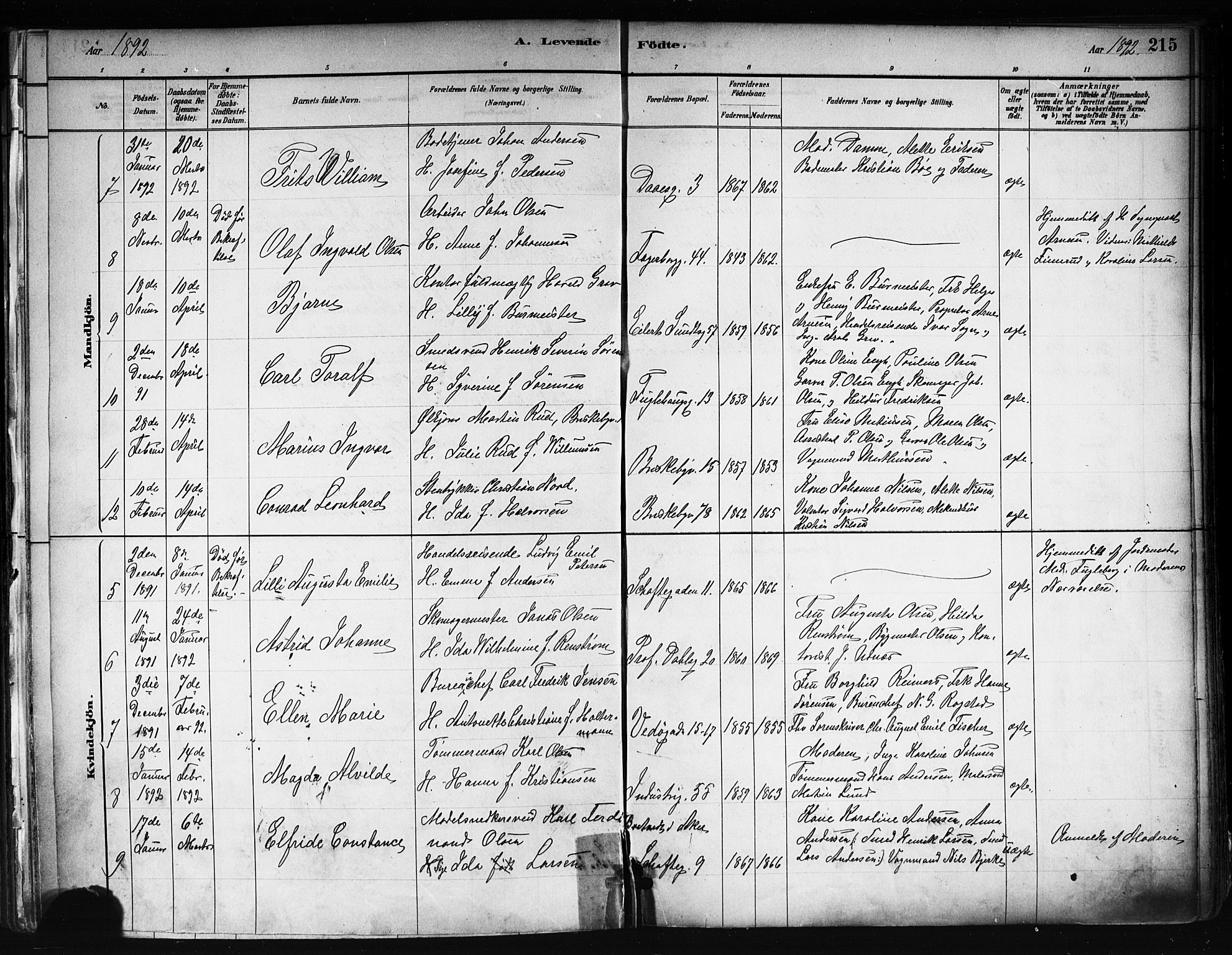 Uranienborg prestekontor Kirkebøker, AV/SAO-A-10877/F/Fa/L0001: Ministerialbok nr. I 1, 1880-1895, s. 215