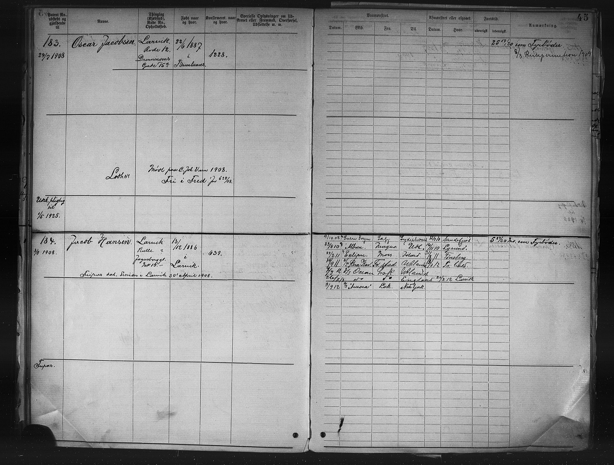 Larvik innrulleringskontor, AV/SAKO-A-787/F/Fd/L0001: Maskinist- maskinlærling- og fyrbøter- annotasjonsrulle, 1883, s. 47