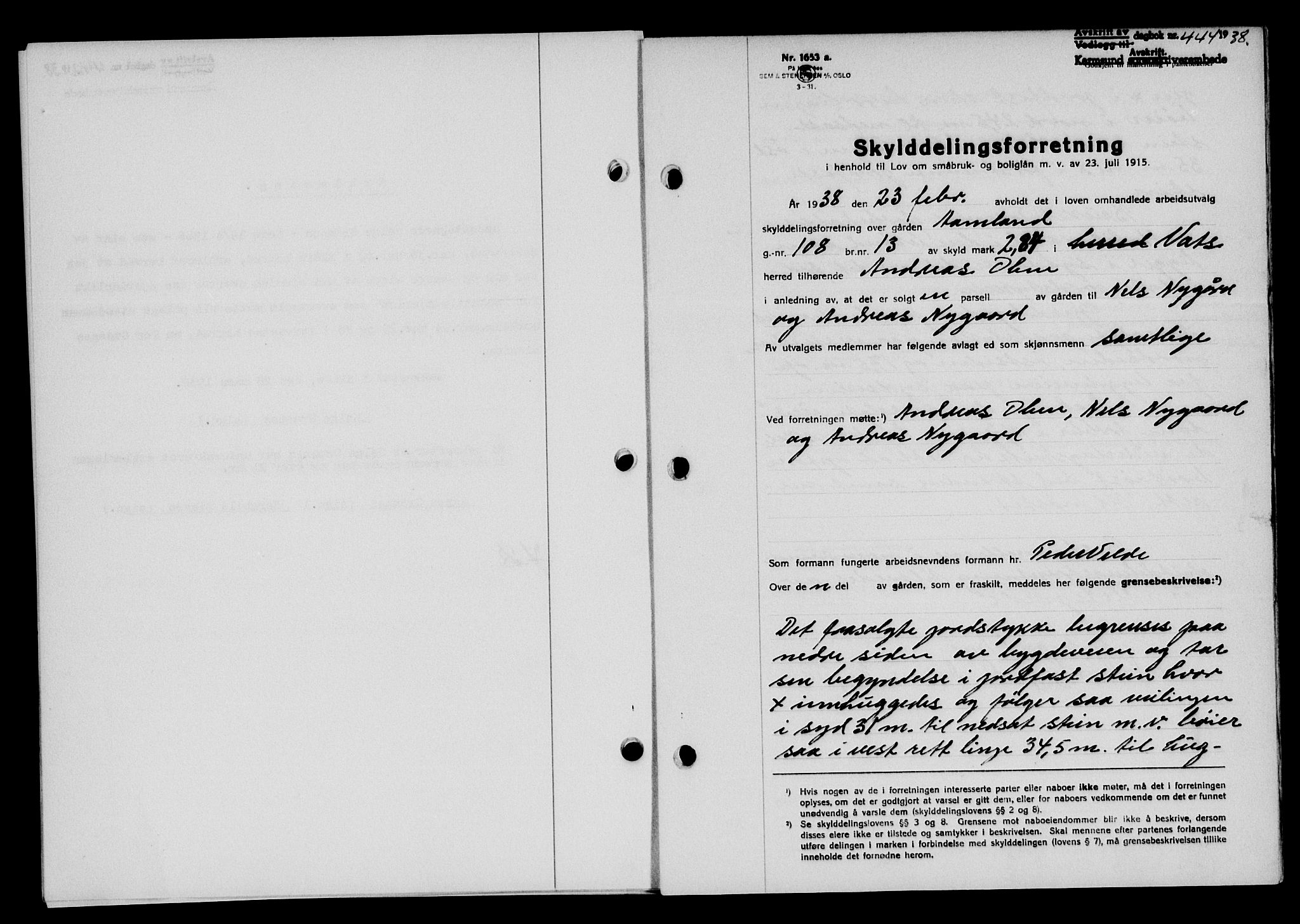 Karmsund sorenskriveri, SAST/A-100311/01/II/IIB/L0069: Pantebok nr. 50A, 1937-1938, Dagboknr: 444/1938