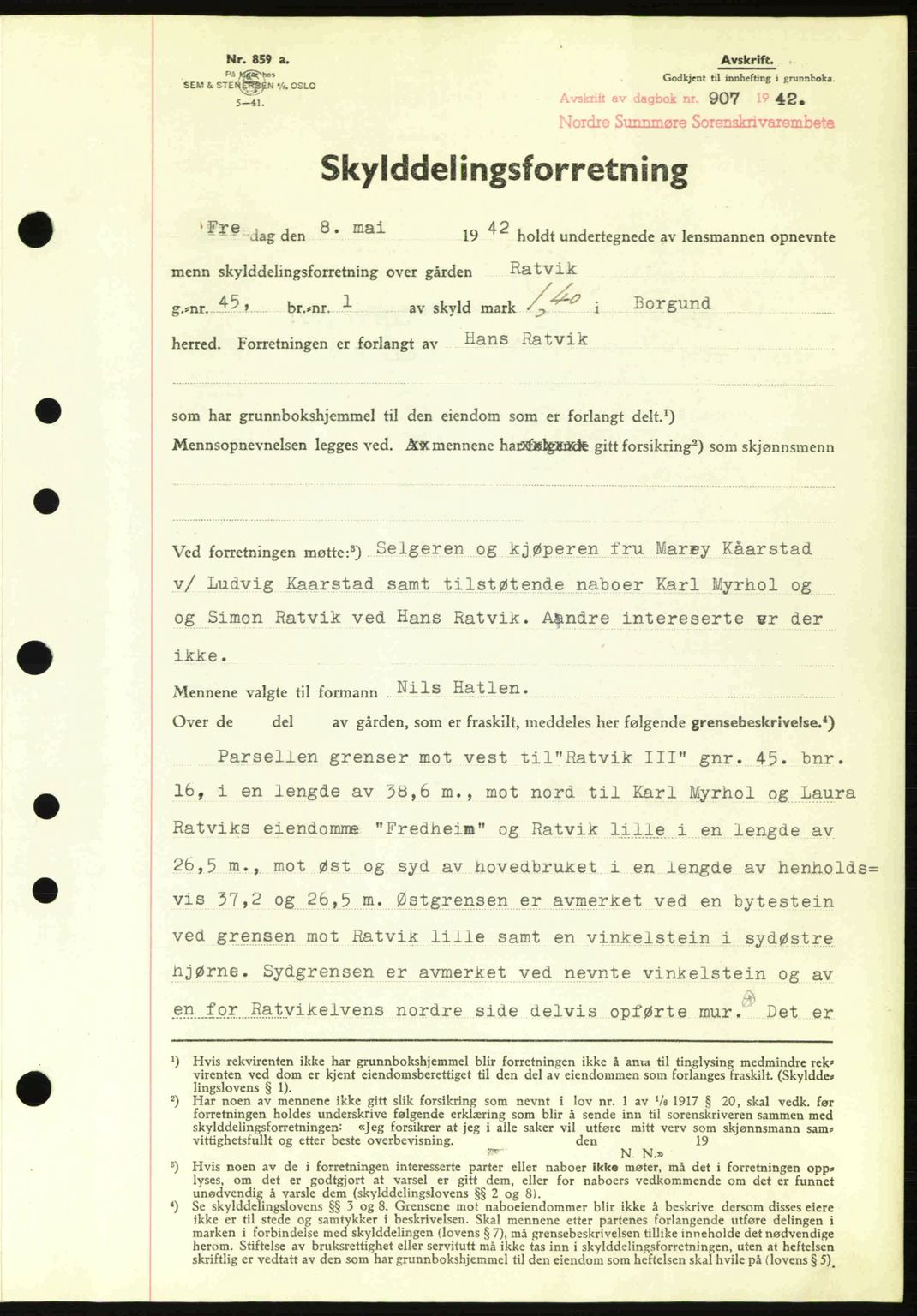 Nordre Sunnmøre sorenskriveri, SAT/A-0006/1/2/2C/2Ca: Pantebok nr. A13, 1942-1942, Dagboknr: 907/1942