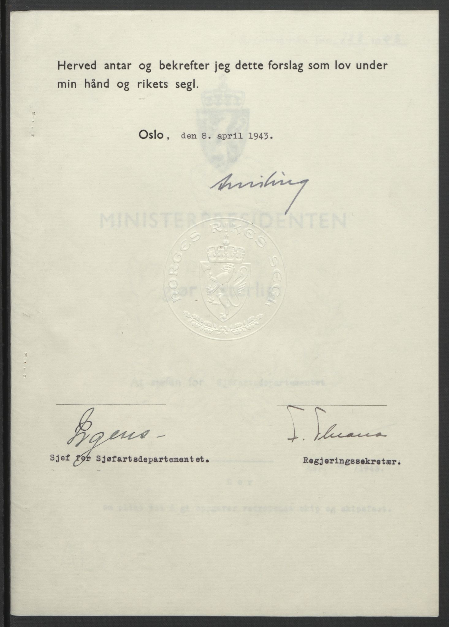 NS-administrasjonen 1940-1945 (Statsrådsekretariatet, de kommisariske statsråder mm), RA/S-4279/D/Db/L0099: Lover, 1943, s. 278