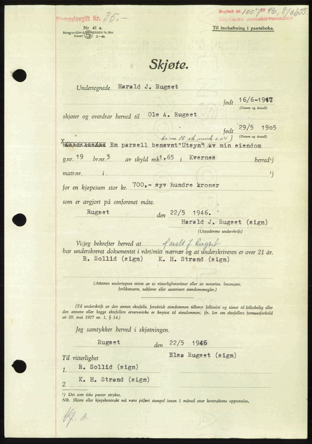 Nordmøre sorenskriveri, AV/SAT-A-4132/1/2/2Ca: Pantebok nr. A101, 1946-1946, Dagboknr: 1007/1946