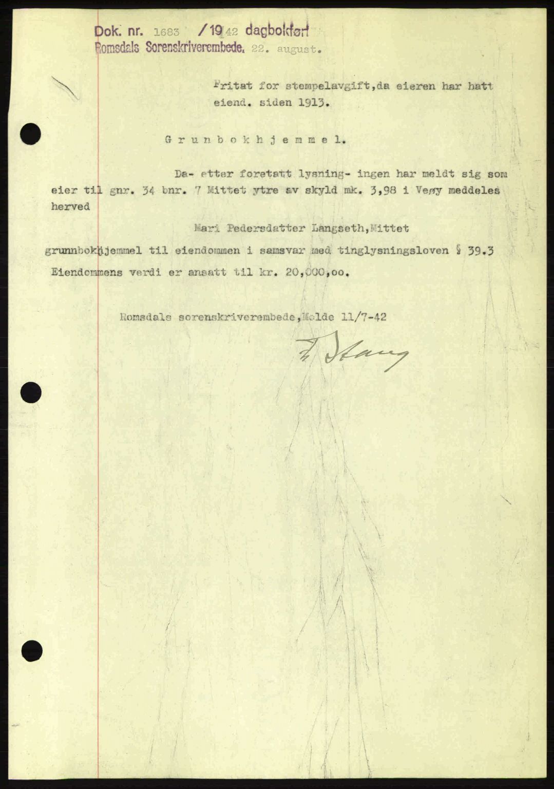 Romsdal sorenskriveri, SAT/A-4149/1/2/2C: Pantebok nr. A12, 1942-1942, Dagboknr: 1683/1942