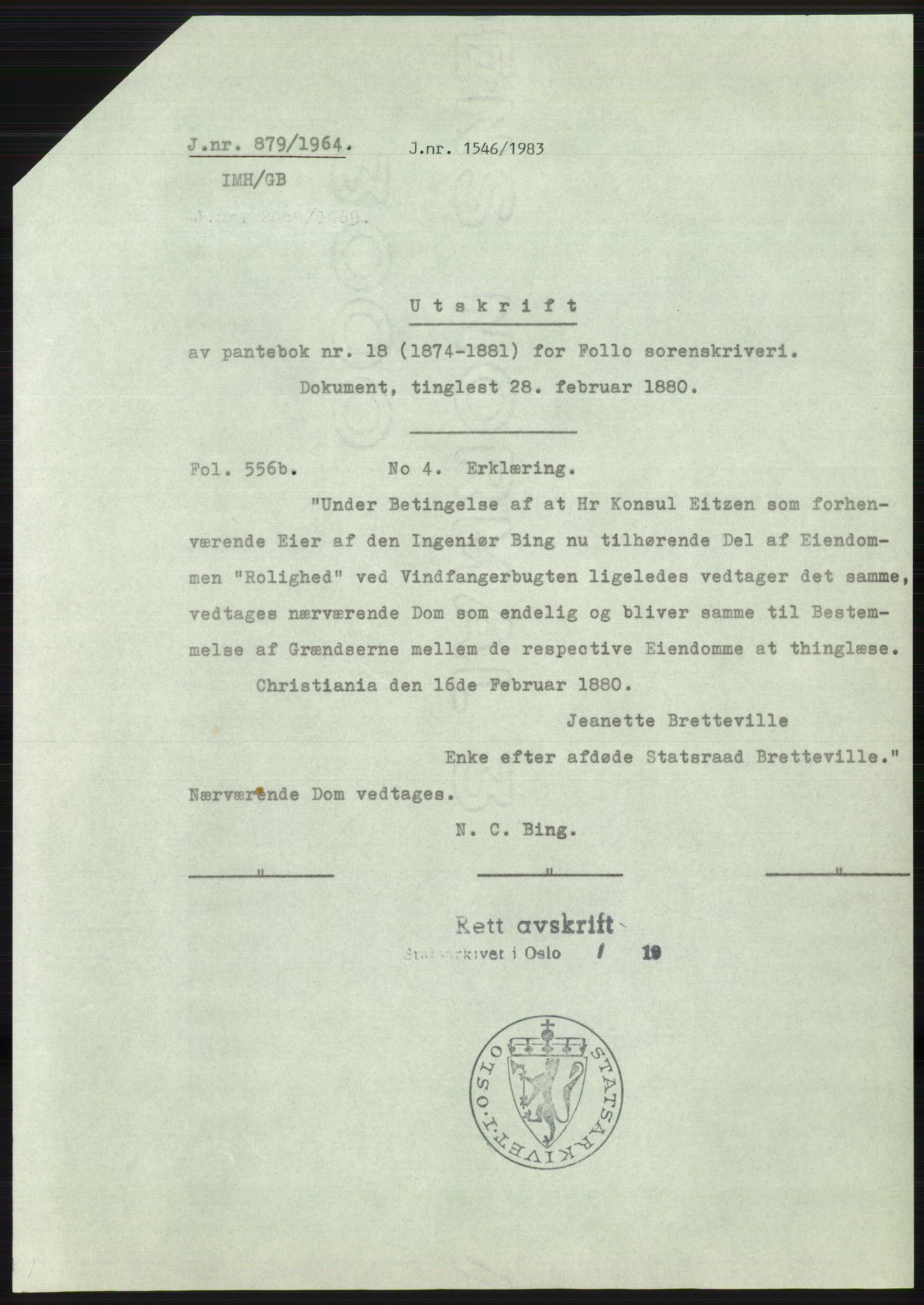 Statsarkivet i Oslo, AV/SAO-A-10621/Z/Zd/L0019: Avskrifter, j.nr 4-893/1964, 1964, s. 428