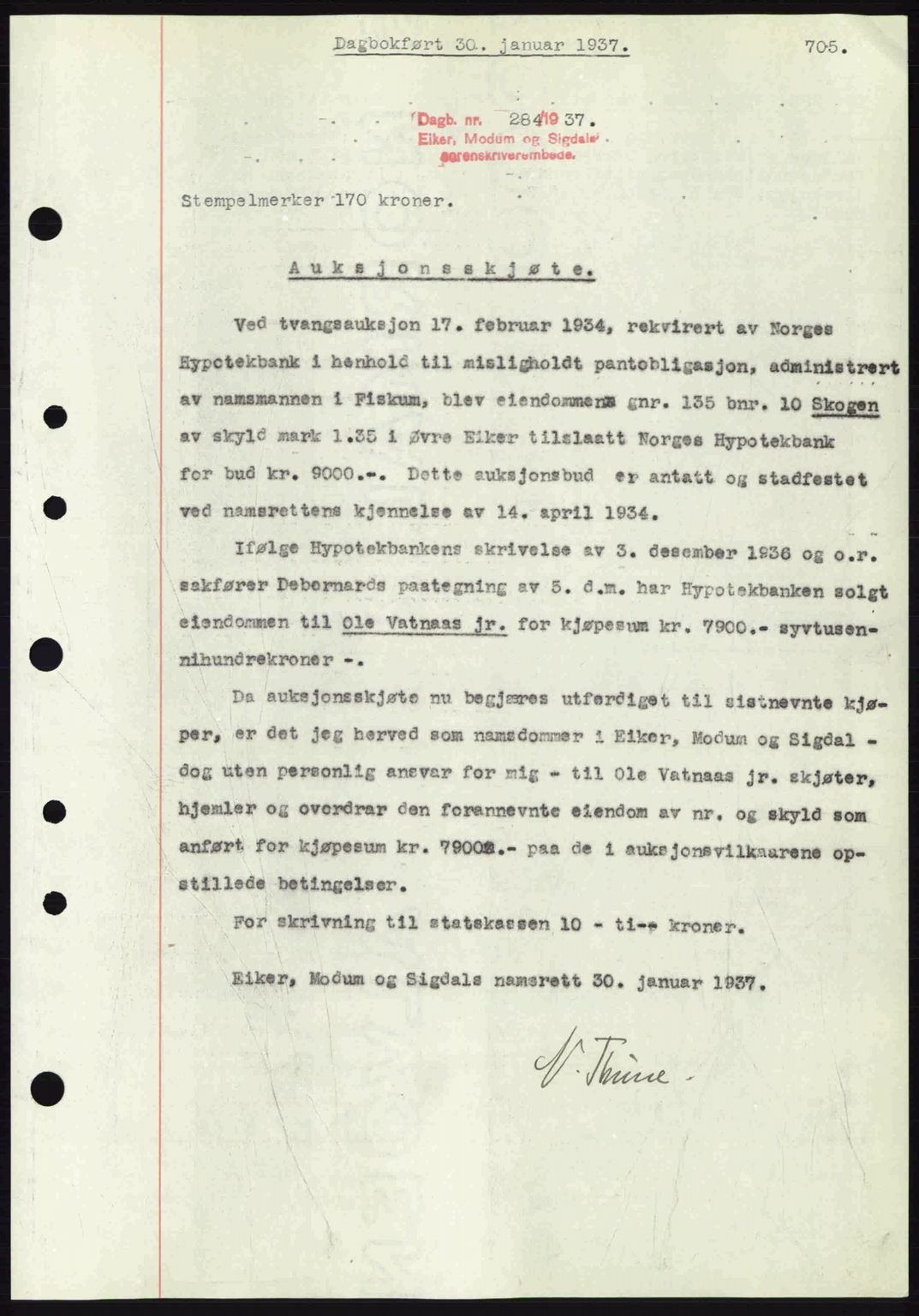 Eiker, Modum og Sigdal sorenskriveri, SAKO/A-123/G/Ga/Gab/L0034: Pantebok nr. A4, 1936-1937, Dagboknr: 284/1937