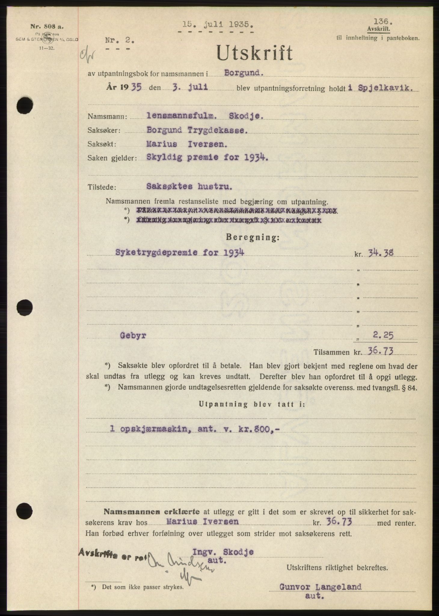 Nordre Sunnmøre sorenskriveri, AV/SAT-A-0006/1/2/2C/2Ca/L0058: Pantebok nr. 58, 1935-1935, Tingl.dato: 15.07.1935