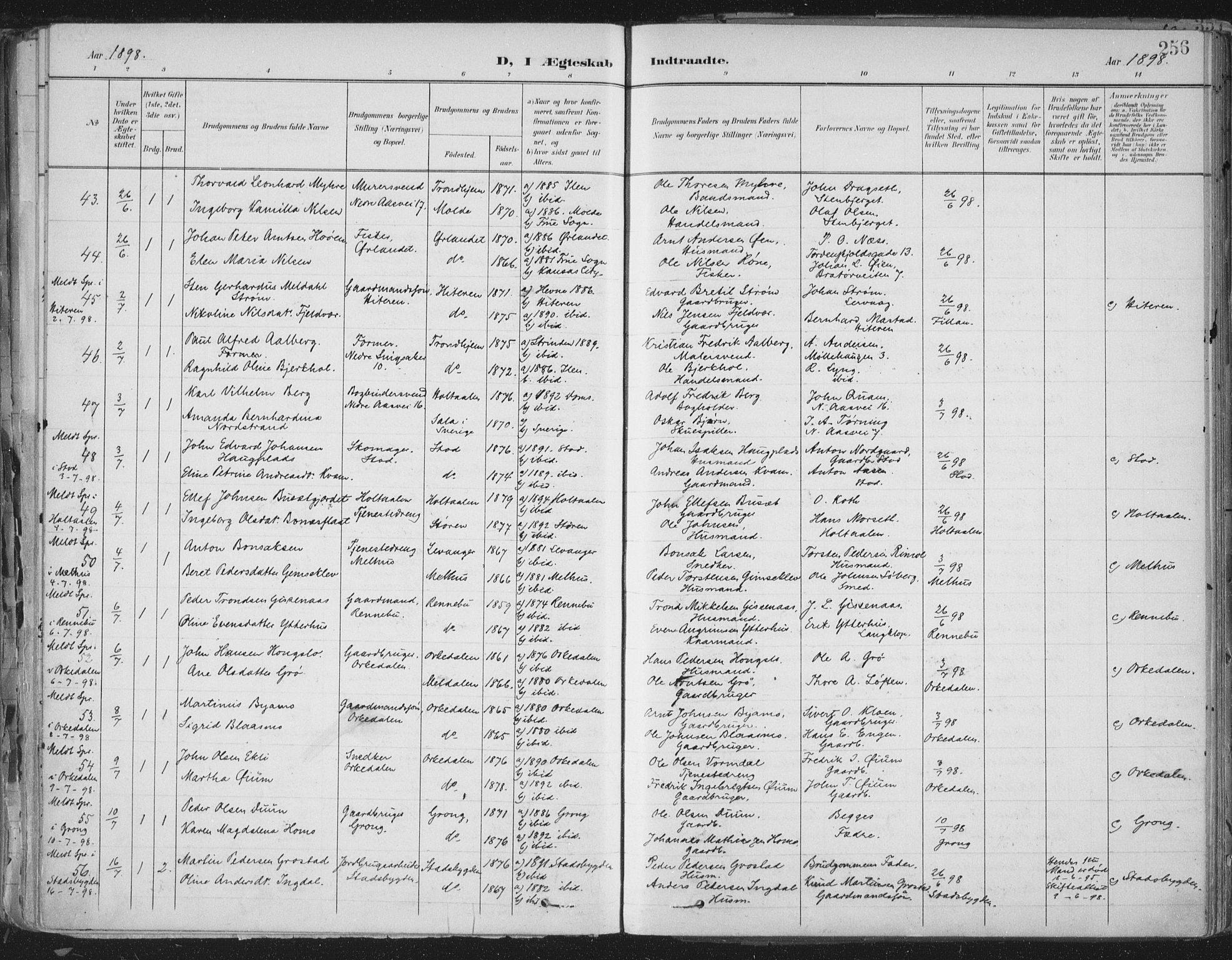 Ministerialprotokoller, klokkerbøker og fødselsregistre - Sør-Trøndelag, SAT/A-1456/603/L0167: Ministerialbok nr. 603A06, 1896-1932, s. 256