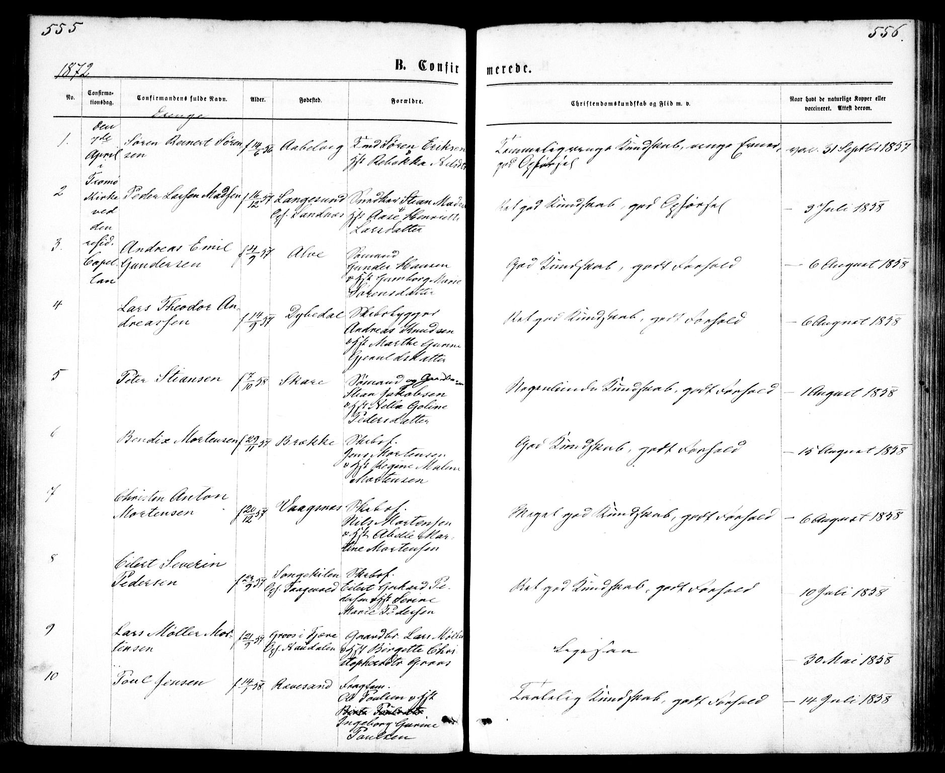 Tromøy sokneprestkontor, SAK/1111-0041/F/Fa/L0008: Ministerialbok nr. A 8, 1870-1877, s. 555-556