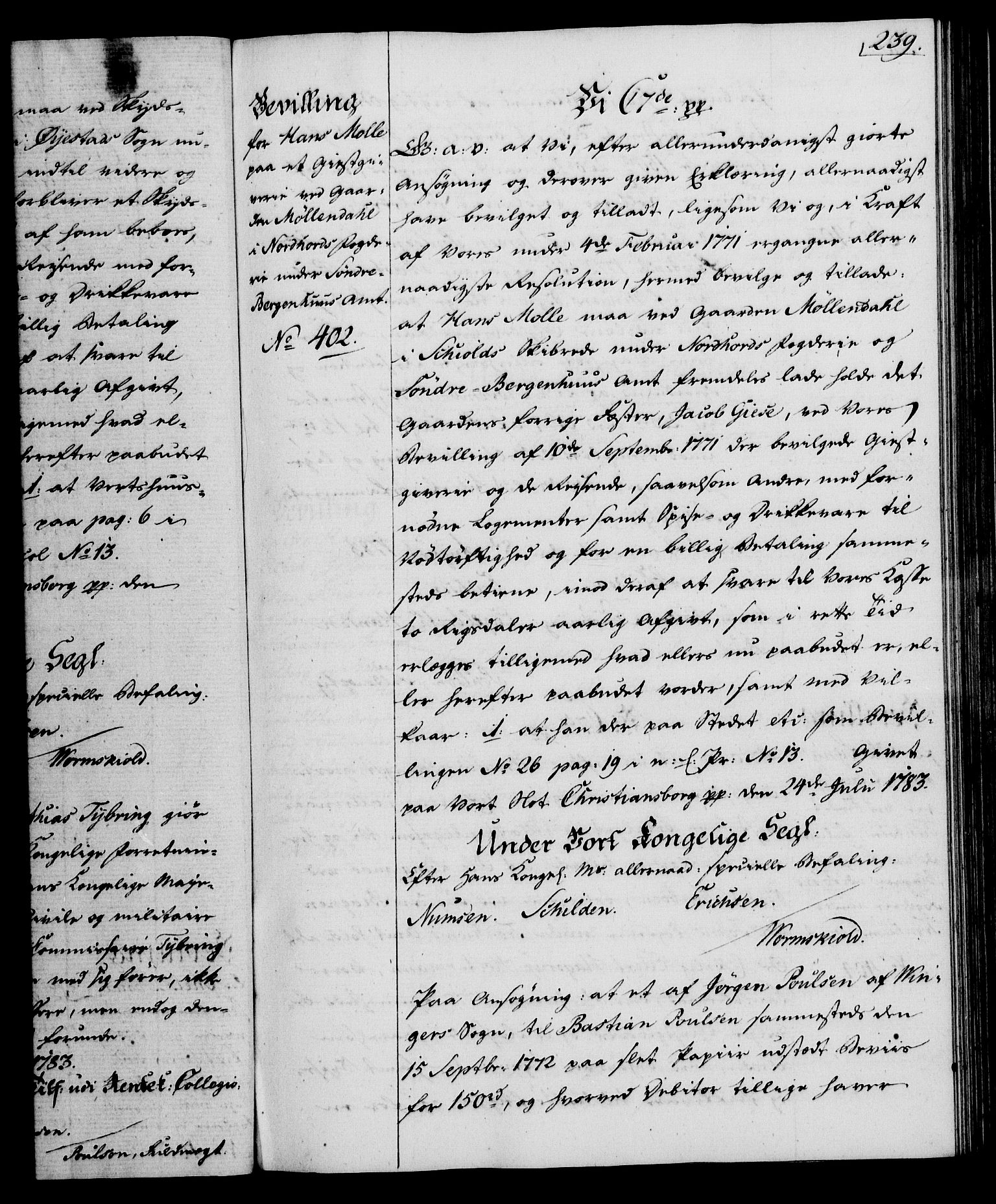 Rentekammeret, Kammerkanselliet, RA/EA-3111/G/Gg/Gga/L0012: Norsk ekspedisjonsprotokoll med register (merket RK 53.12), 1781-1783, s. 239