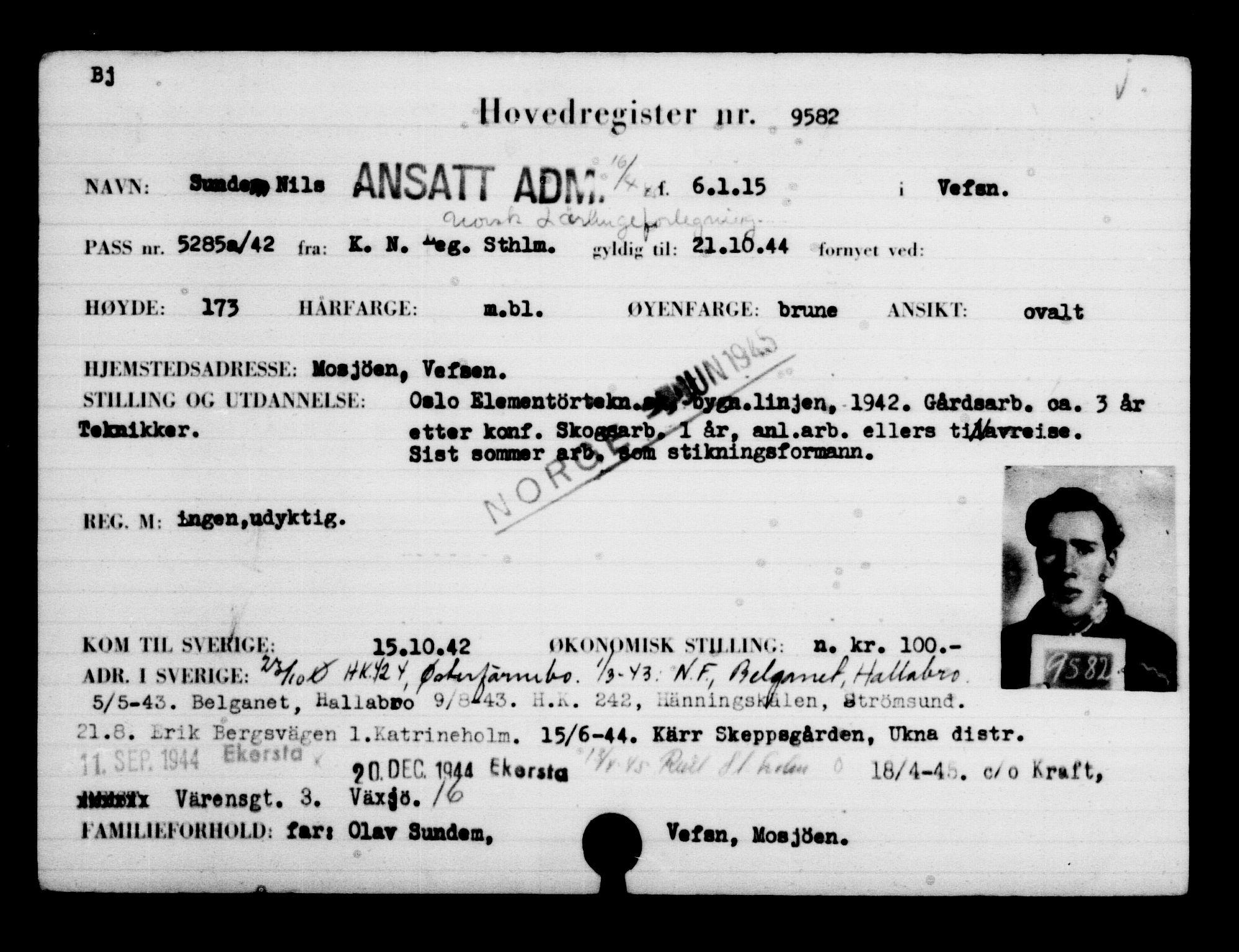 Utenriksstasjonene, Legasjonen i Stockholm, Flyktningkontoret, AV/RA-S-6753/V/Va/L0006: Kjesäterkartoteket, flyktninger med registreringsnr. 9400-12711, 1940-1945, s. 201