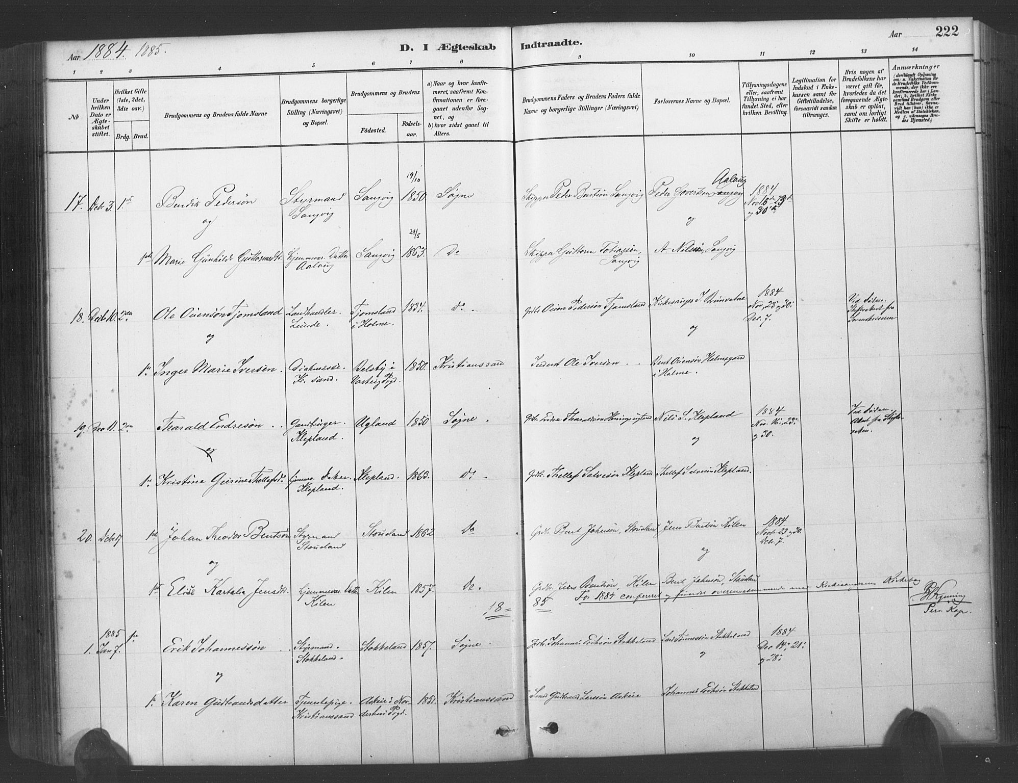 Søgne sokneprestkontor, AV/SAK-1111-0037/F/Fa/Fab/L0012: Ministerialbok nr. A 12, 1880-1891, s. 222