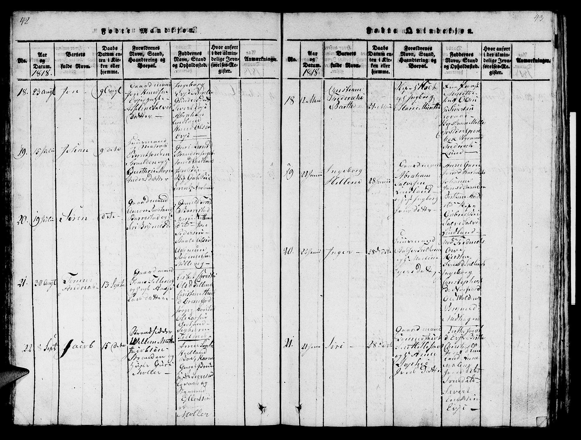 Sokndal sokneprestkontor, AV/SAST-A-101808: Ministerialbok nr. A 6, 1815-1826, s. 42-43