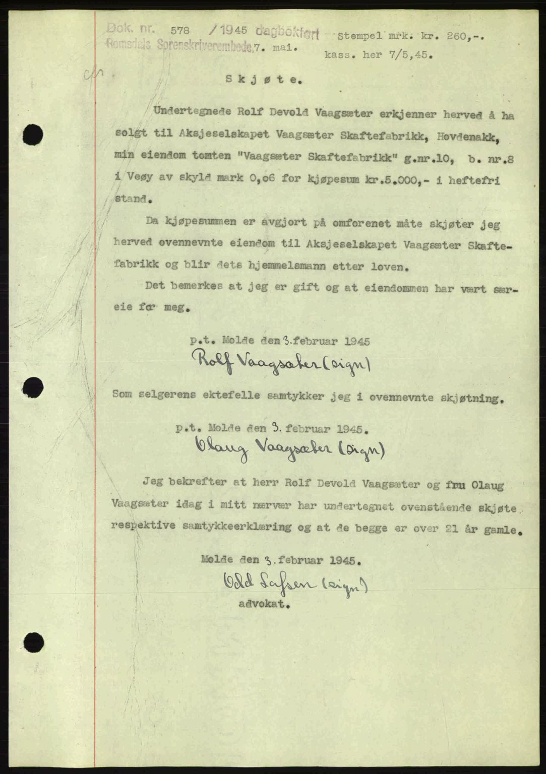 Romsdal sorenskriveri, SAT/A-4149/1/2/2C: Pantebok nr. A17, 1944-1945, Dagboknr: 578/1945