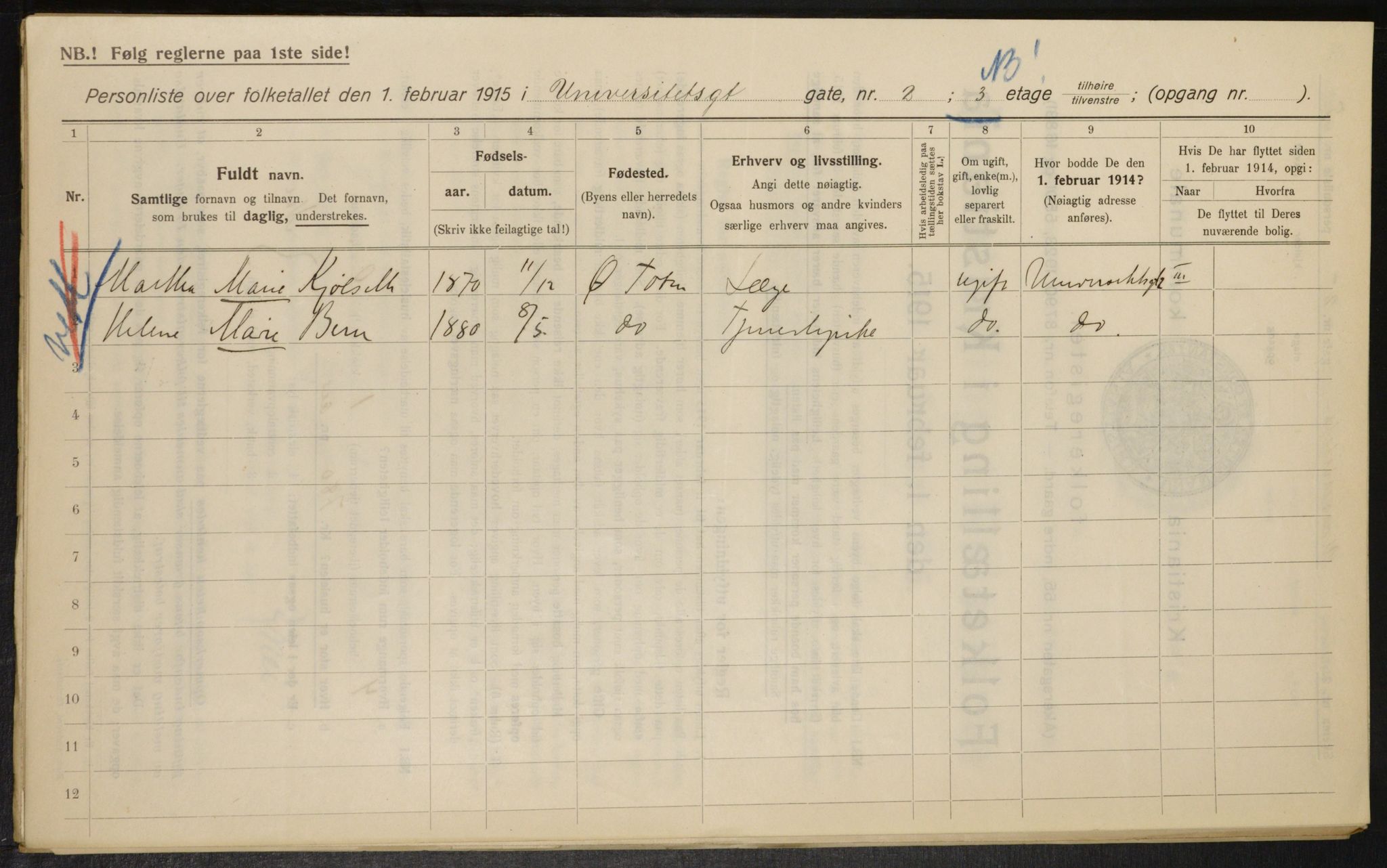 OBA, Kommunal folketelling 1.2.1915 for Kristiania, 1915, s. 120611