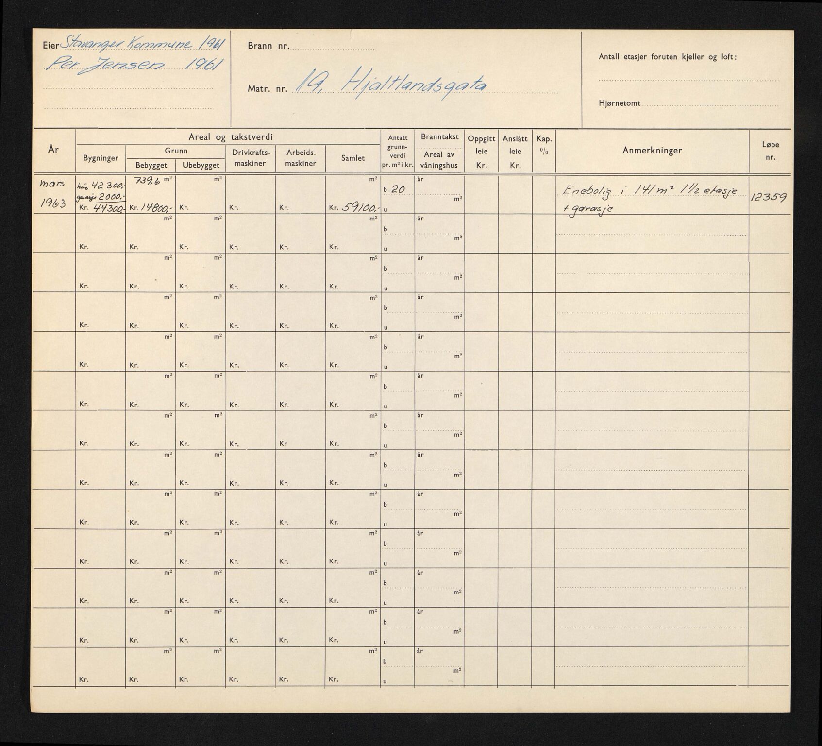 Stavanger kommune. Skattetakstvesenet, BYST/A-0440/F/Fa/Faa/L0018/0007: Skattetakstkort / Hjaltlandsgata 16 - Hjelmelandsgata 6