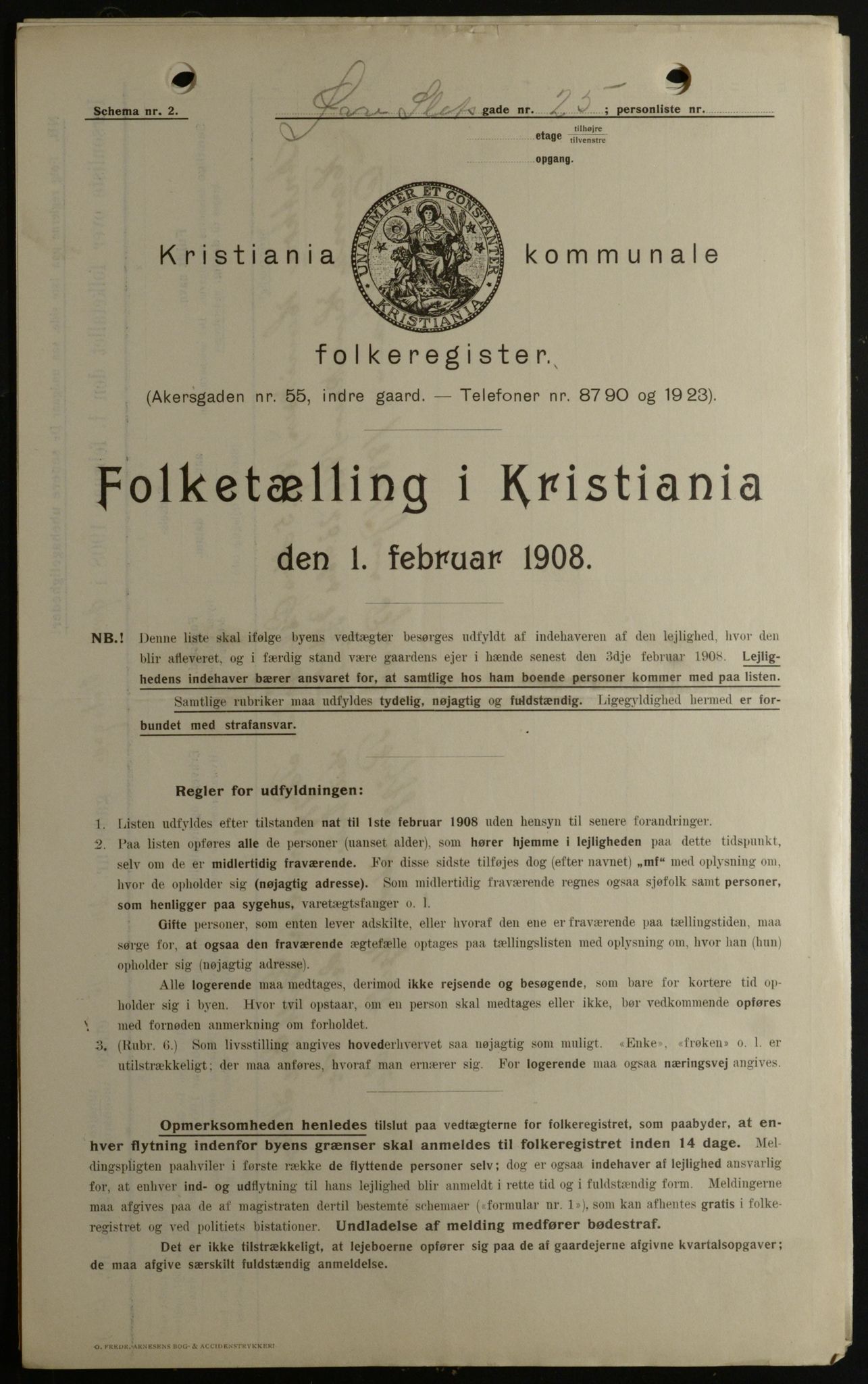 OBA, Kommunal folketelling 1.2.1908 for Kristiania kjøpstad, 1908, s. 116726