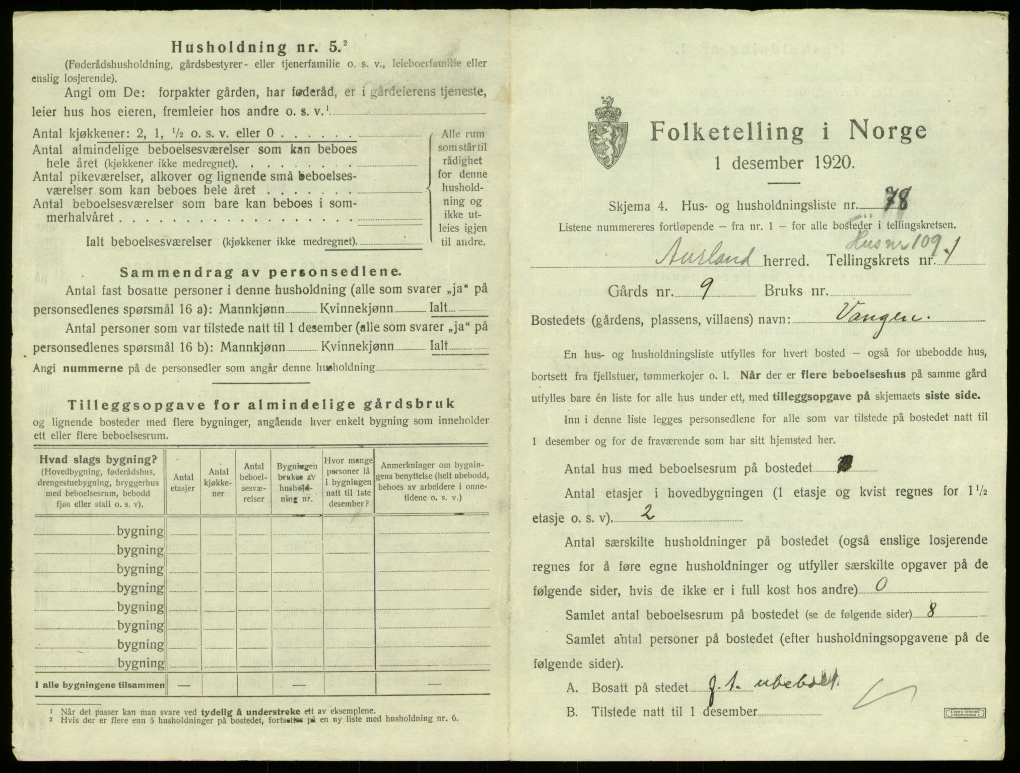 SAB, Folketelling 1920 for 1421 Aurland herred, 1920, s. 193