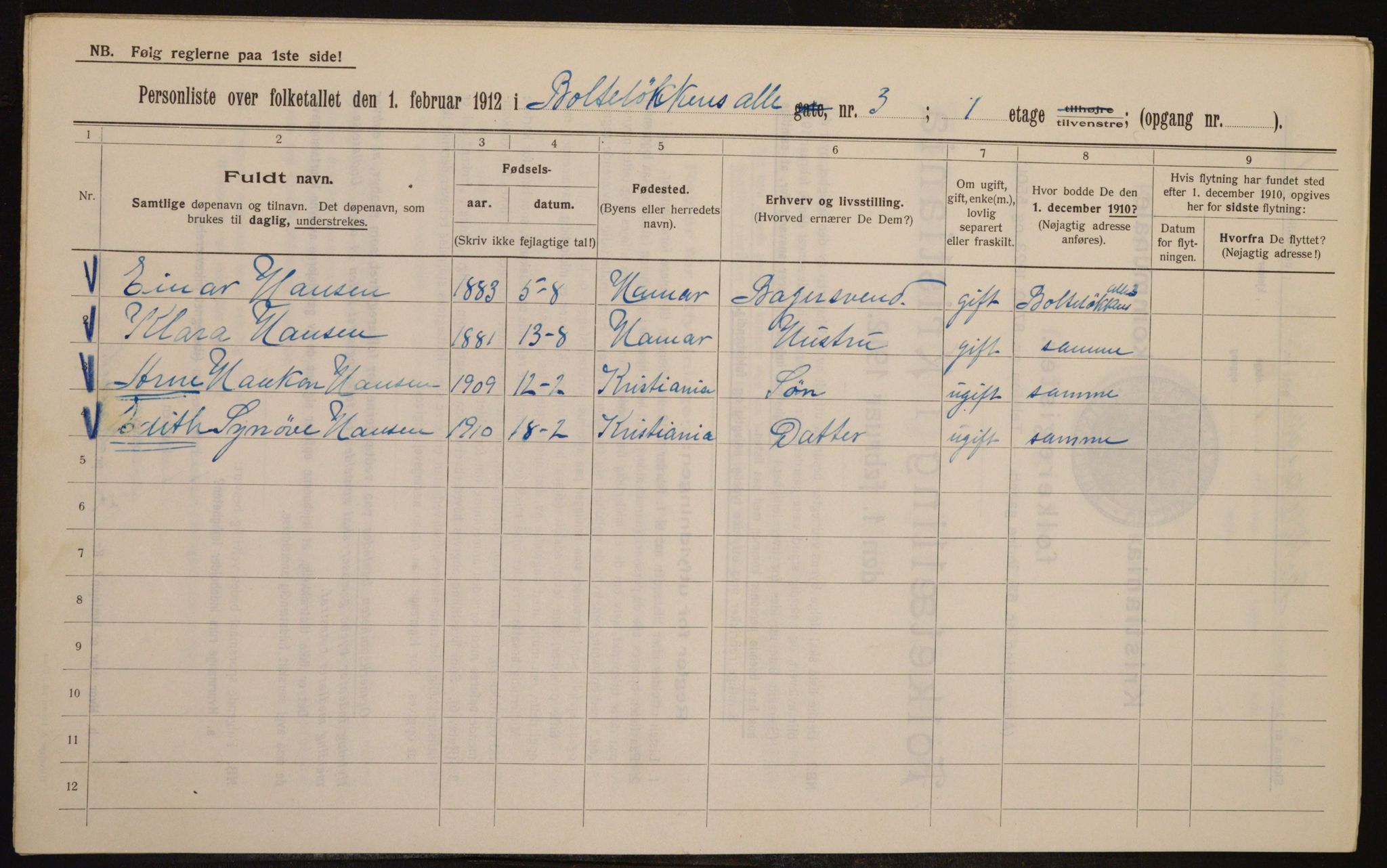 OBA, Kommunal folketelling 1.2.1912 for Kristiania, 1912, s. 7484