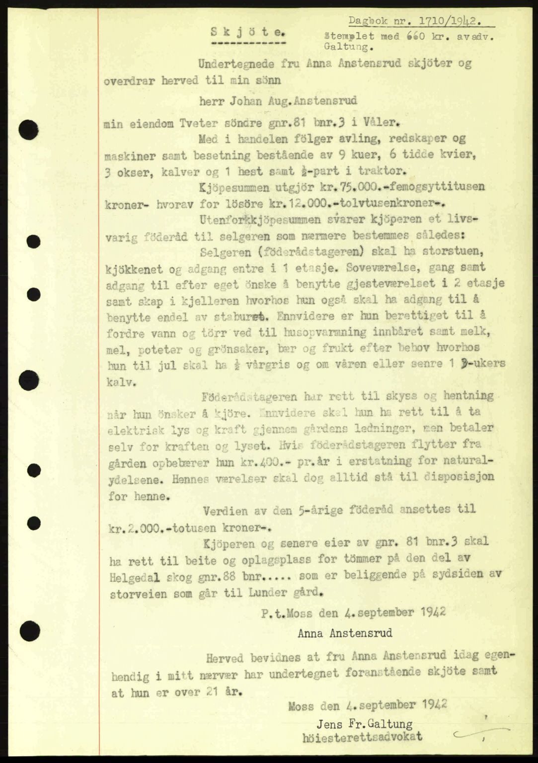 Moss sorenskriveri, SAO/A-10168: Pantebok nr. A10, 1942-1943, Dagboknr: 1710/1942