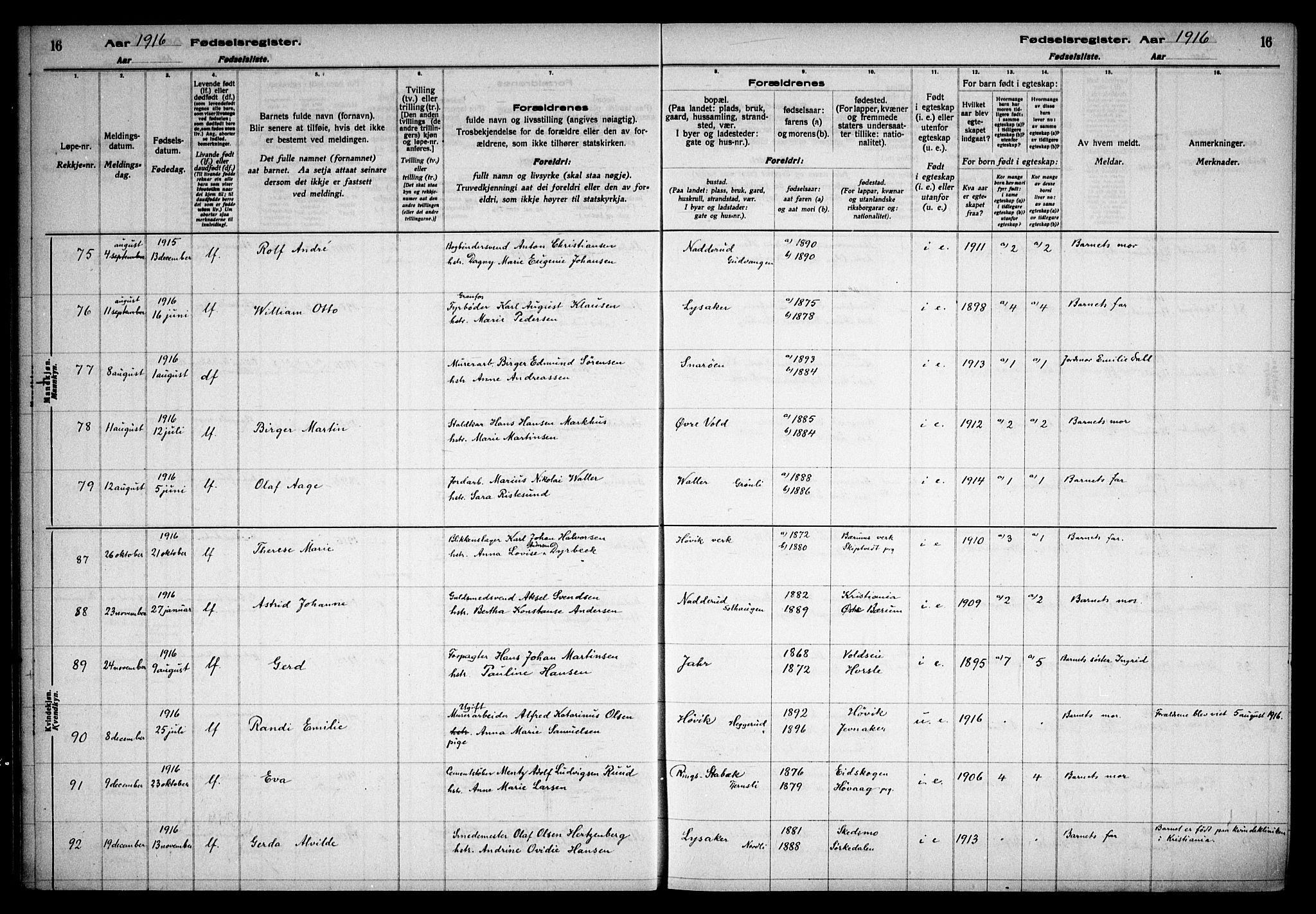 Østre Bærum prestekontor Kirkebøker, AV/SAO-A-10887/J/Ja/L0001: Fødselsregister nr. 1, 1916-1922, s. 16