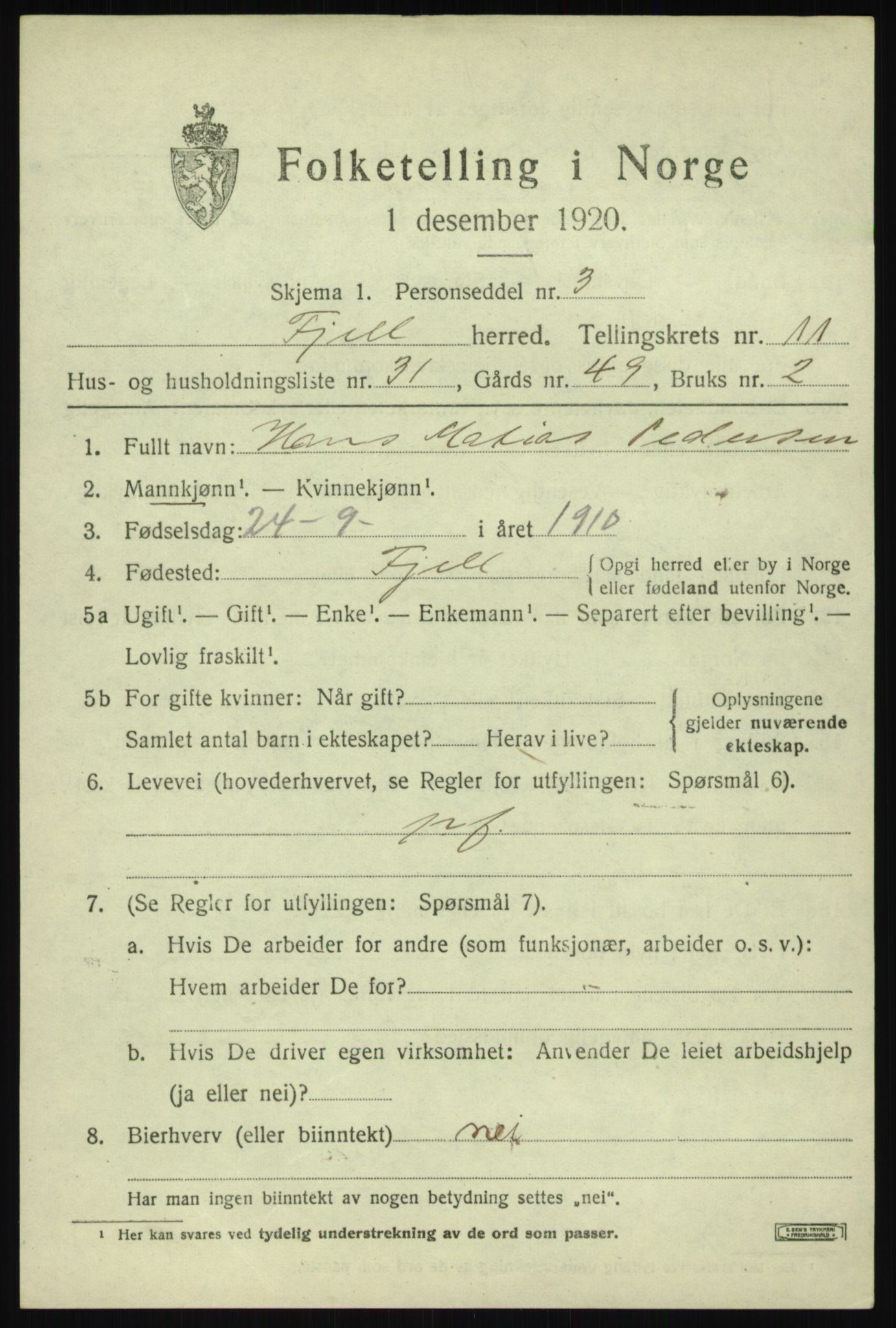 SAB, Folketelling 1920 for 1246 Fjell herred, 1920, s. 10204