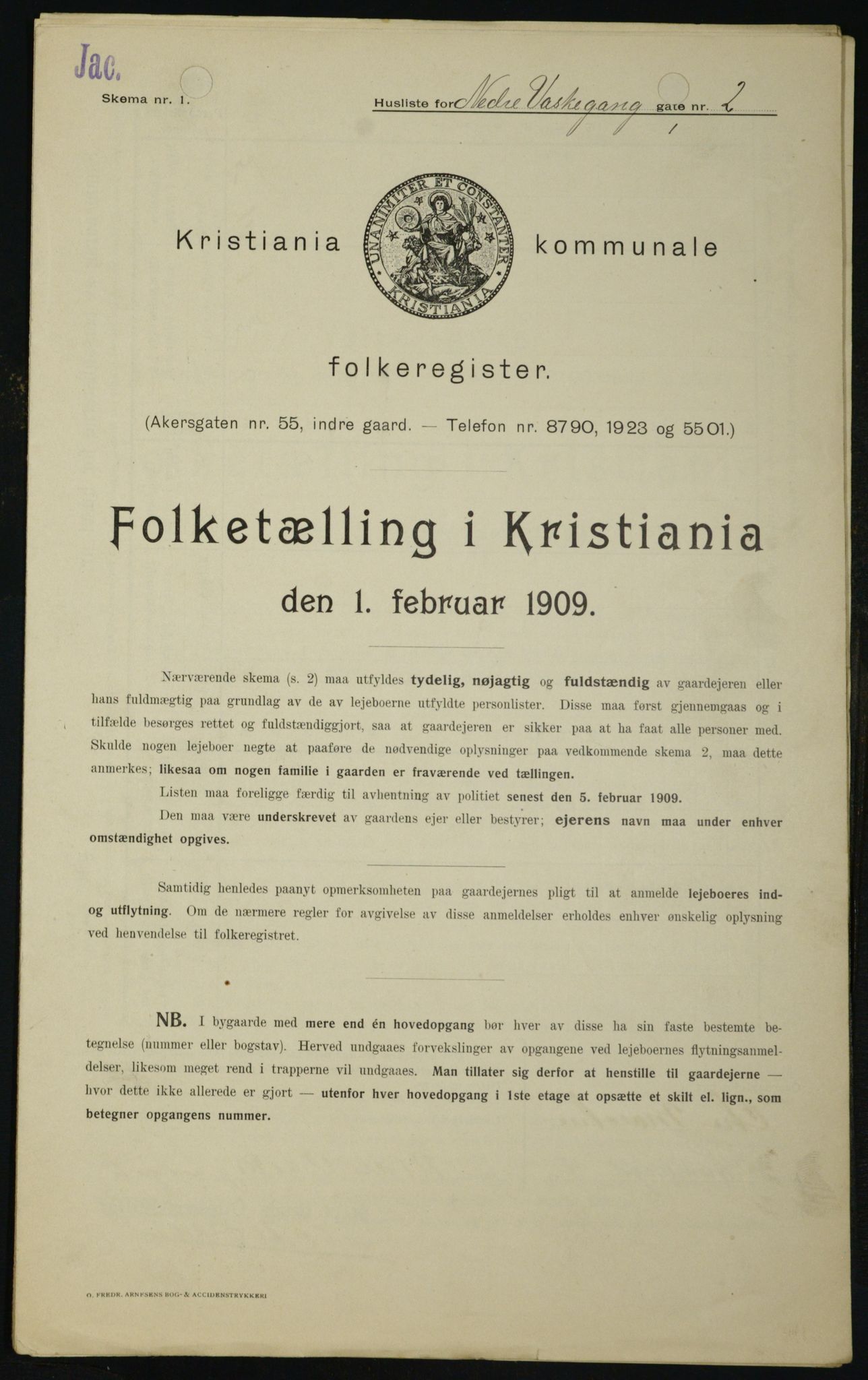 OBA, Kommunal folketelling 1.2.1909 for Kristiania kjøpstad, 1909, s. 63033