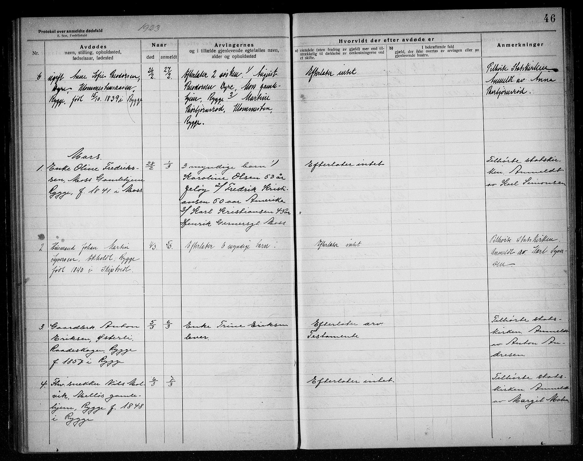 Rygge lensmannskontor, AV/SAO-A-10005/H/Ha/Haa/L0007: Dødsfallsprotokoll, 1920-1925, s. 46