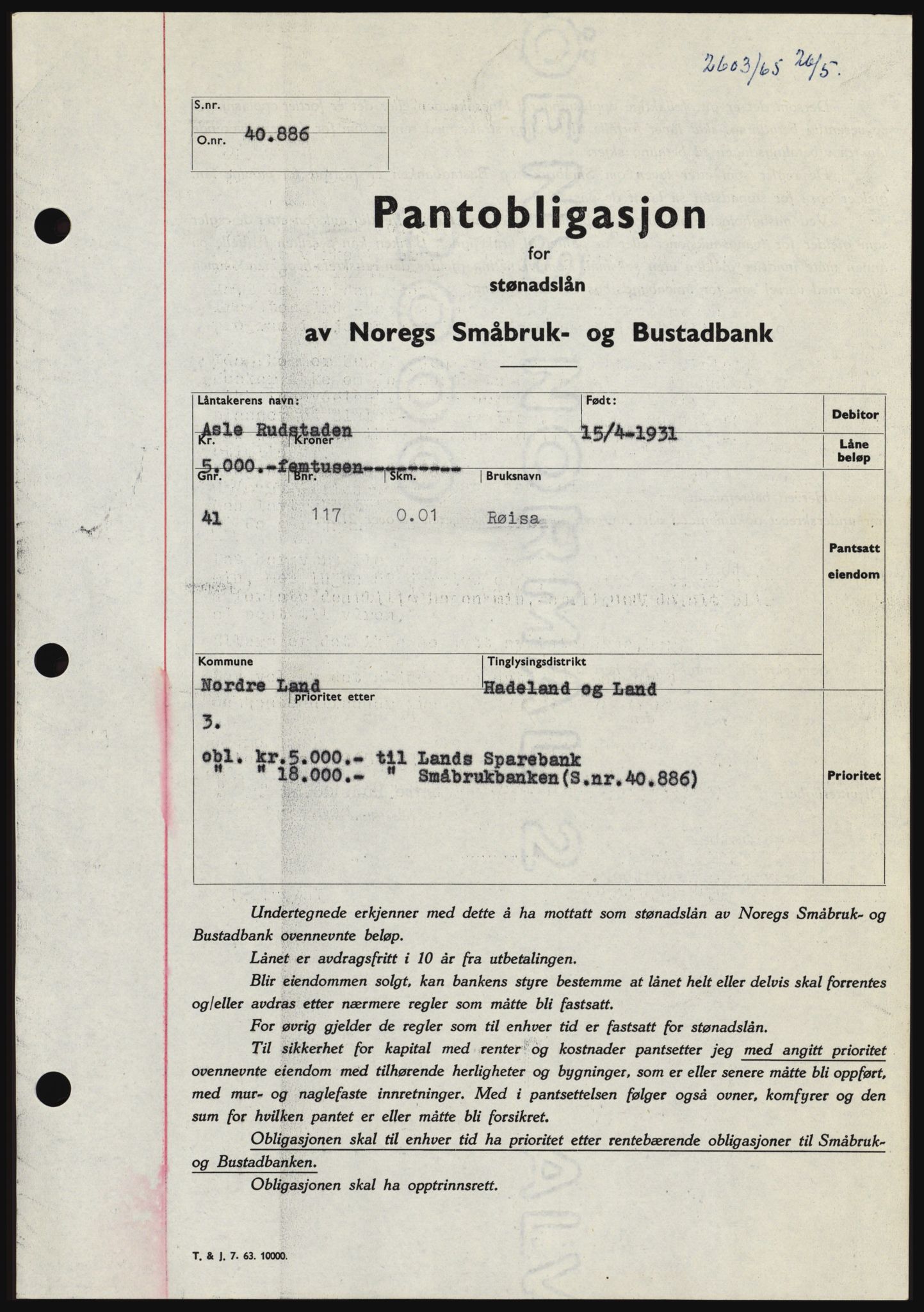 Hadeland og Land tingrett, SAH/TING-010/H/Hb/Hbc/L0059: Pantebok nr. B59, 1965-1965, Dagboknr: 2603/1965