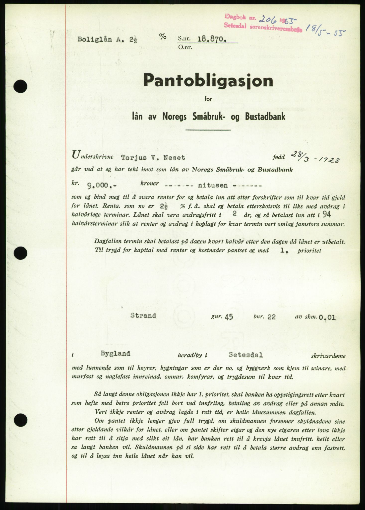 Setesdal sorenskriveri, SAK/1221-0011/G/Gb/L0052: Pantebok nr. B 40, 1954-1955, Dagboknr: 206/1955