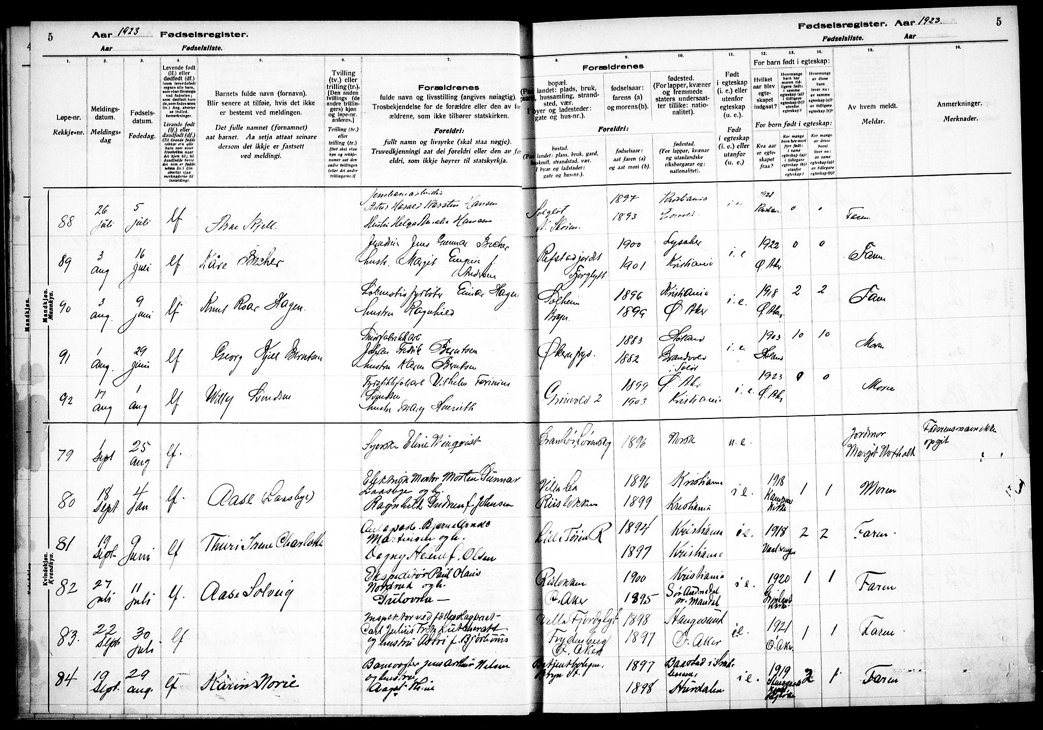 Østre Aker prestekontor Kirkebøker, AV/SAO-A-10840/J/Ja/L0002: Fødselsregister nr. I 2, 1923-1927, s. 5